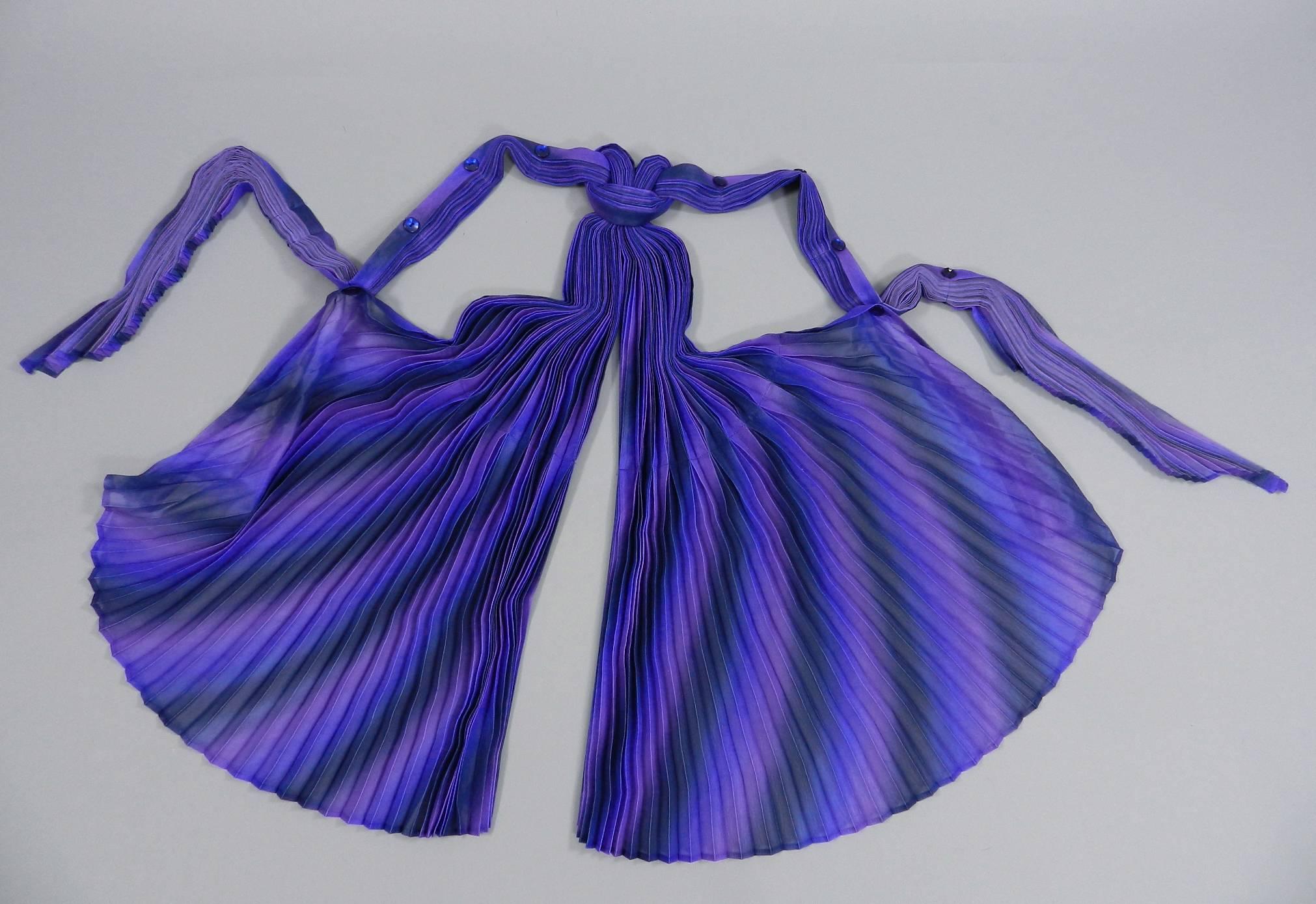Issey Miyake Fete purple sheer pleated top. Can be configured several ways including the halter top pictured. Great design and construction. Excellent pre-owned condition - worn once. Tagged Miyake size 2 (would fit overall size S / M - about USA 4