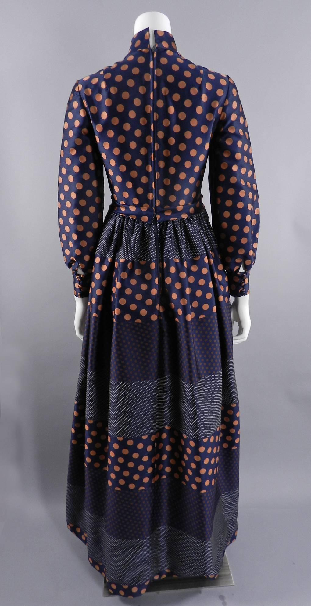 Black Geoffrey Beene 1970's Polkadot Gown with bow at Neck For Sale