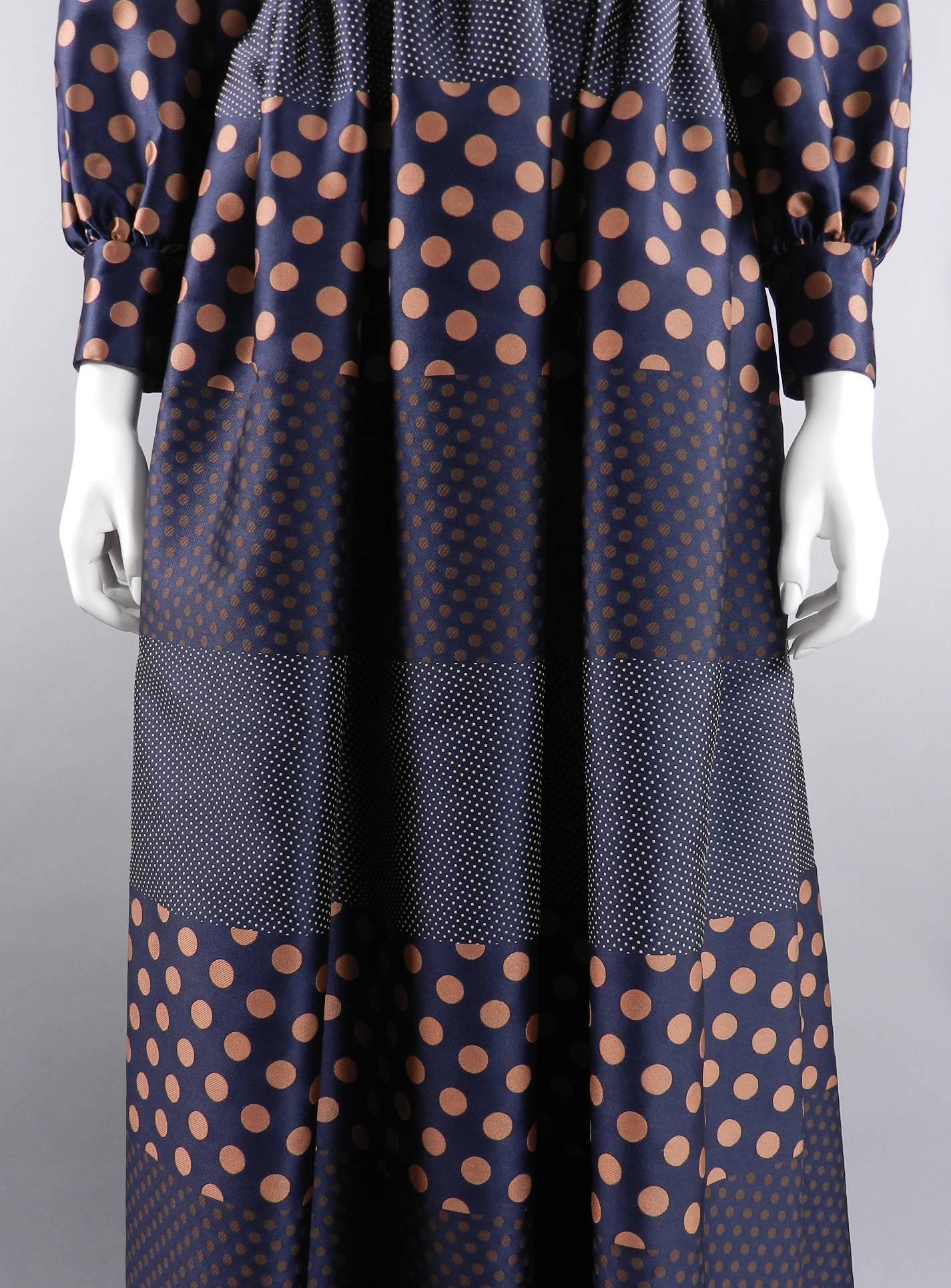 Women's Geoffrey Beene 1970's Polkadot Gown with bow at Neck For Sale
