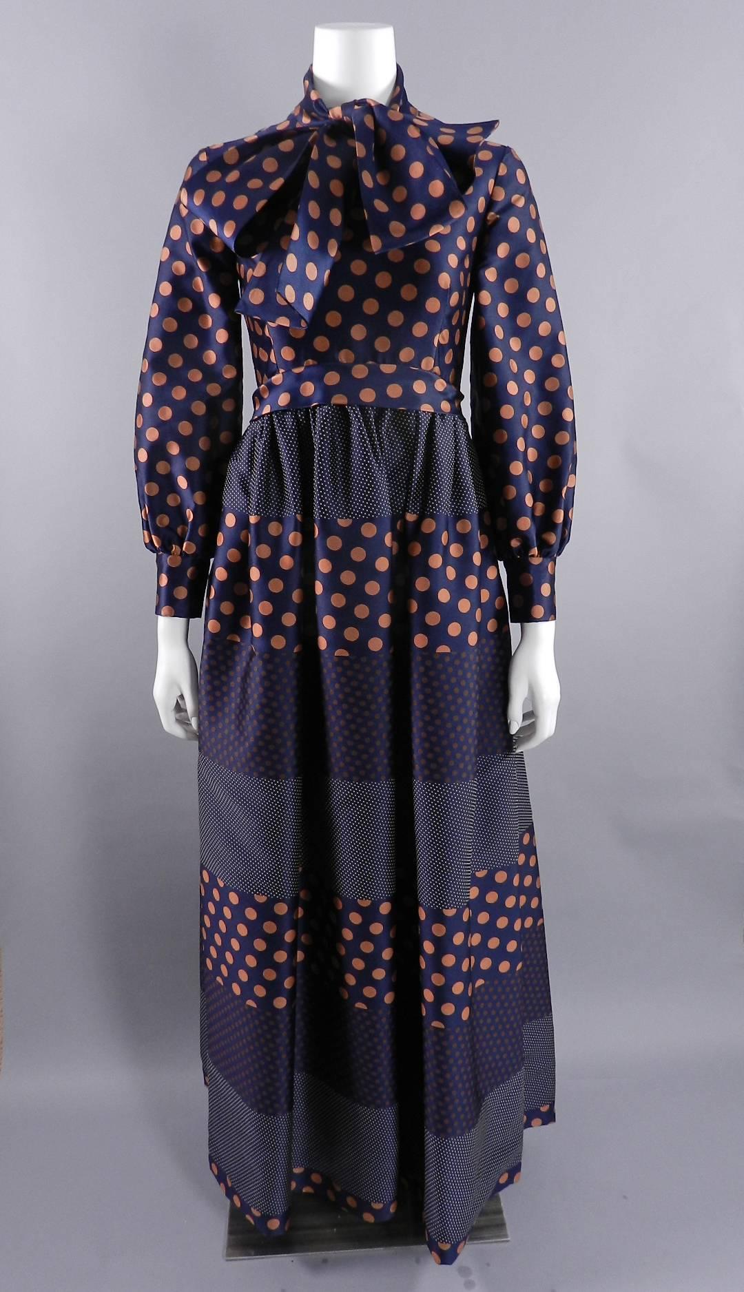 Geoffrey Beene 1970's Polkadot Gown with bow at Neck For Sale 3