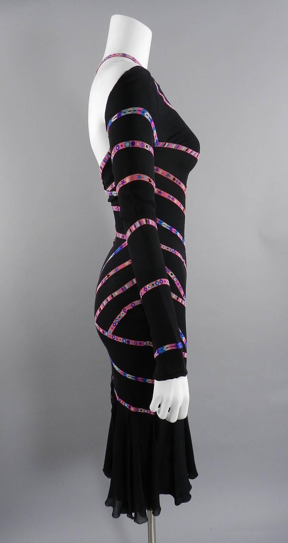 Gianni Versace Couture vintage circa 1990's black silk dress with pink and blue banded stars design. Low back, sleeves fit to front half of shoulders, invisible side zipper, ruffle silk chiffon hem. Fully lined. Excellent condition. Overall