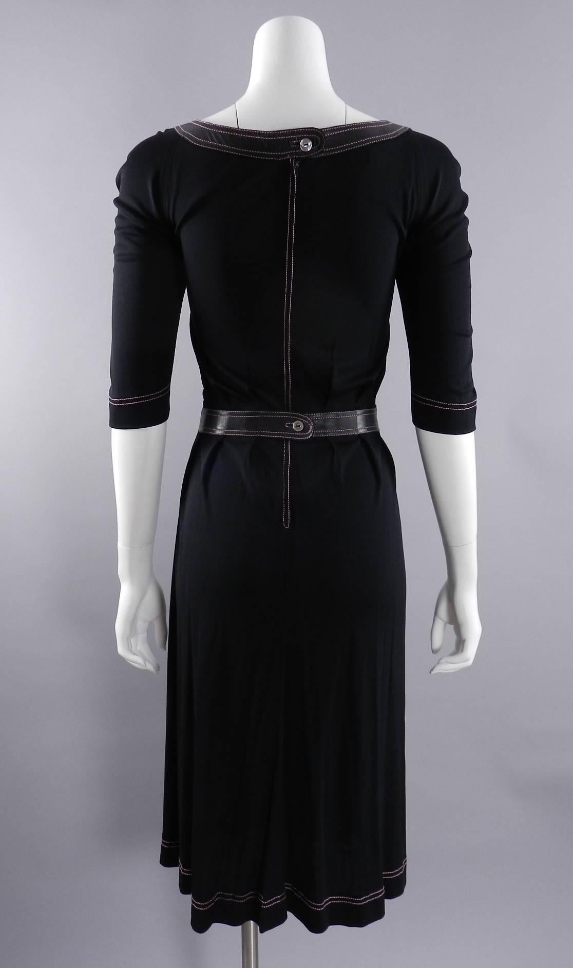 Jean Muir Vintage 1970's Black Jersey Dress with Pink  In Excellent Condition In Toronto, ON