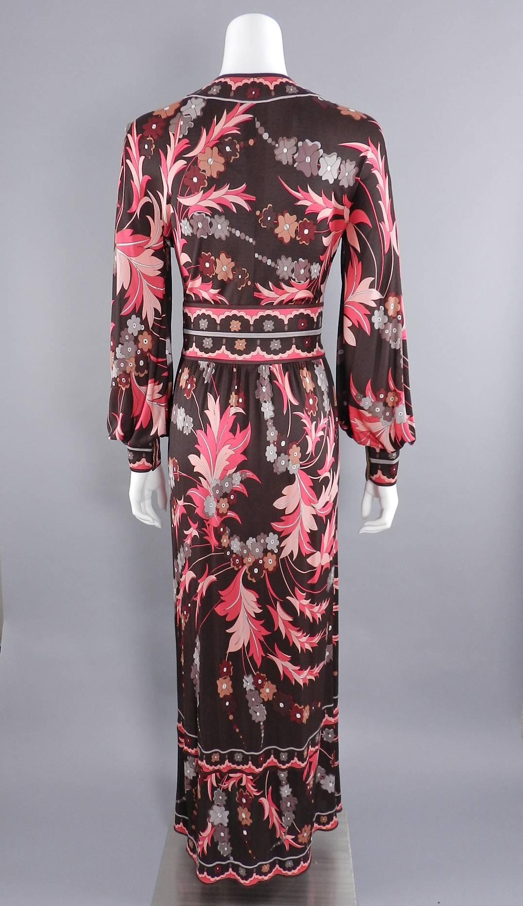 Vintage 1970's Emilio Pucci Pink and Brown Long Jersey Dress In Excellent Condition In Toronto, ON