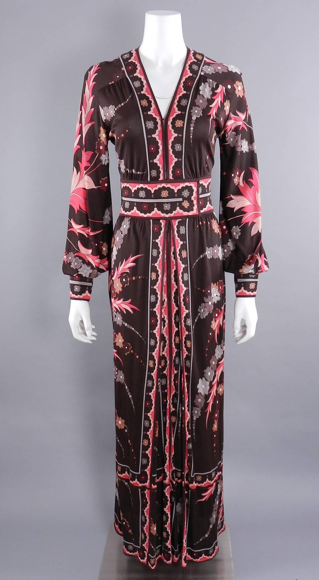 Vintage 1970's Emilio Pucci Pink and Brown Long Jersey Dress 4