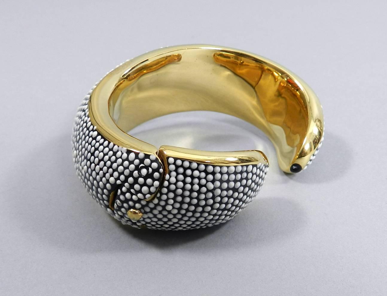 Tom Ford Gold Hinged Bracelet with Black and White Enamel In Excellent Condition In Toronto, ON