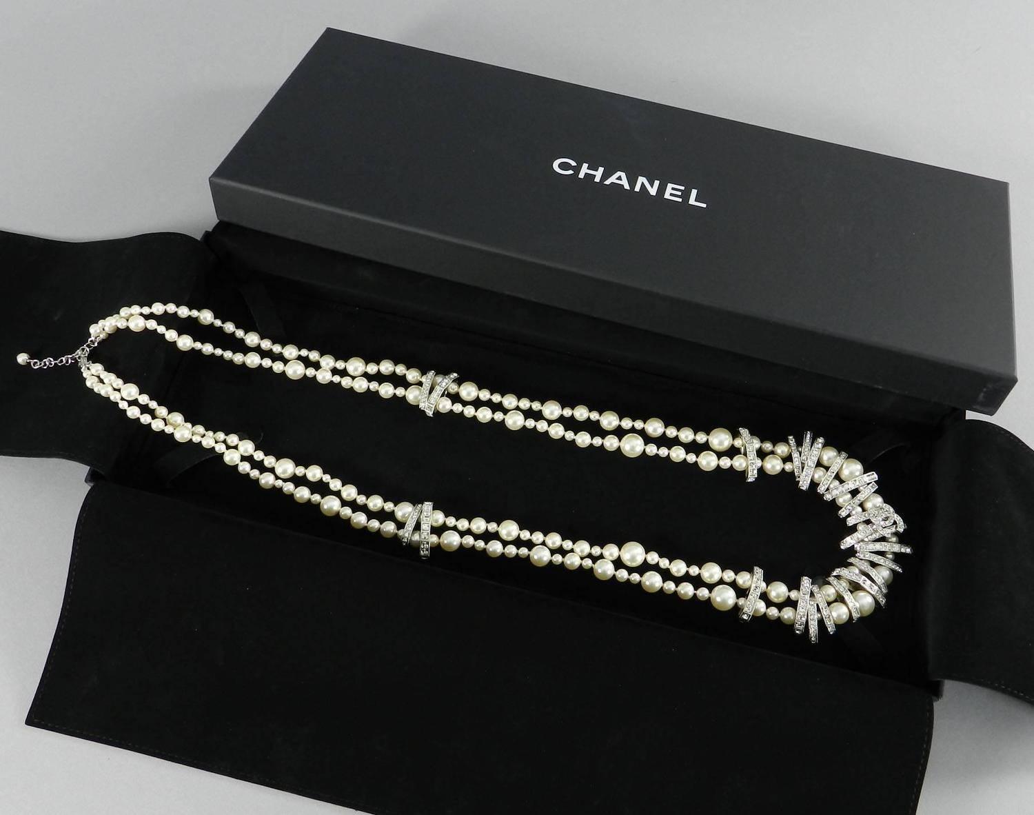 Art Deco Chanel 15P Long Double Strand Pearl Necklace with Rhinestones