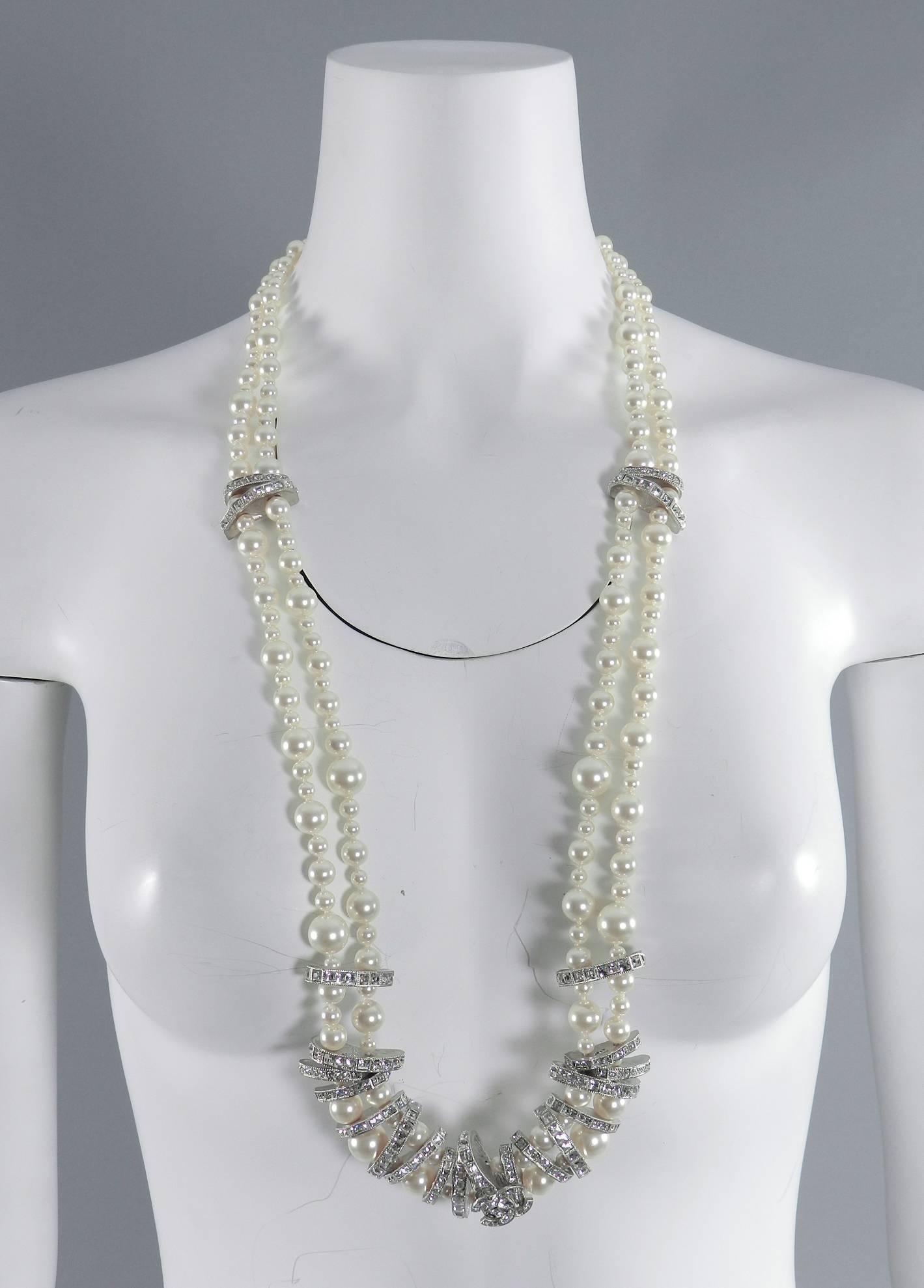Chanel 15P Long Double Strand Pearl Necklace with Rhinestones In Excellent Condition In Toronto, ON