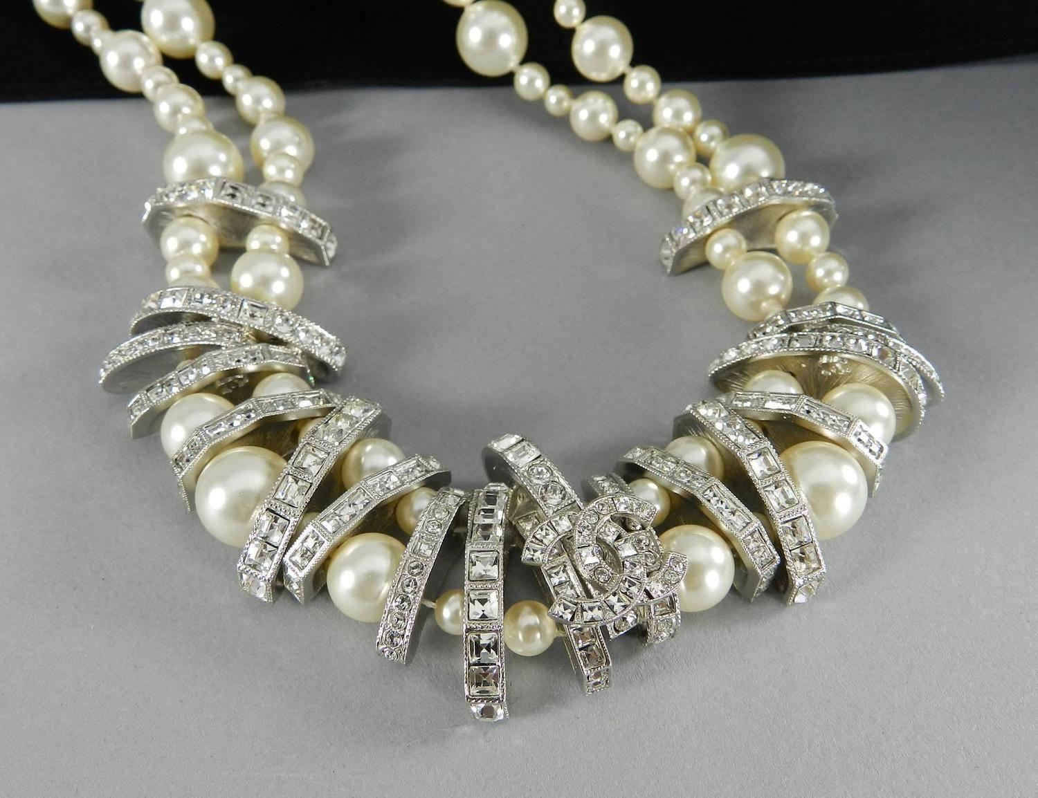 Chanel 15P Long Double Strand Pearl Necklace with Rhinestones 1