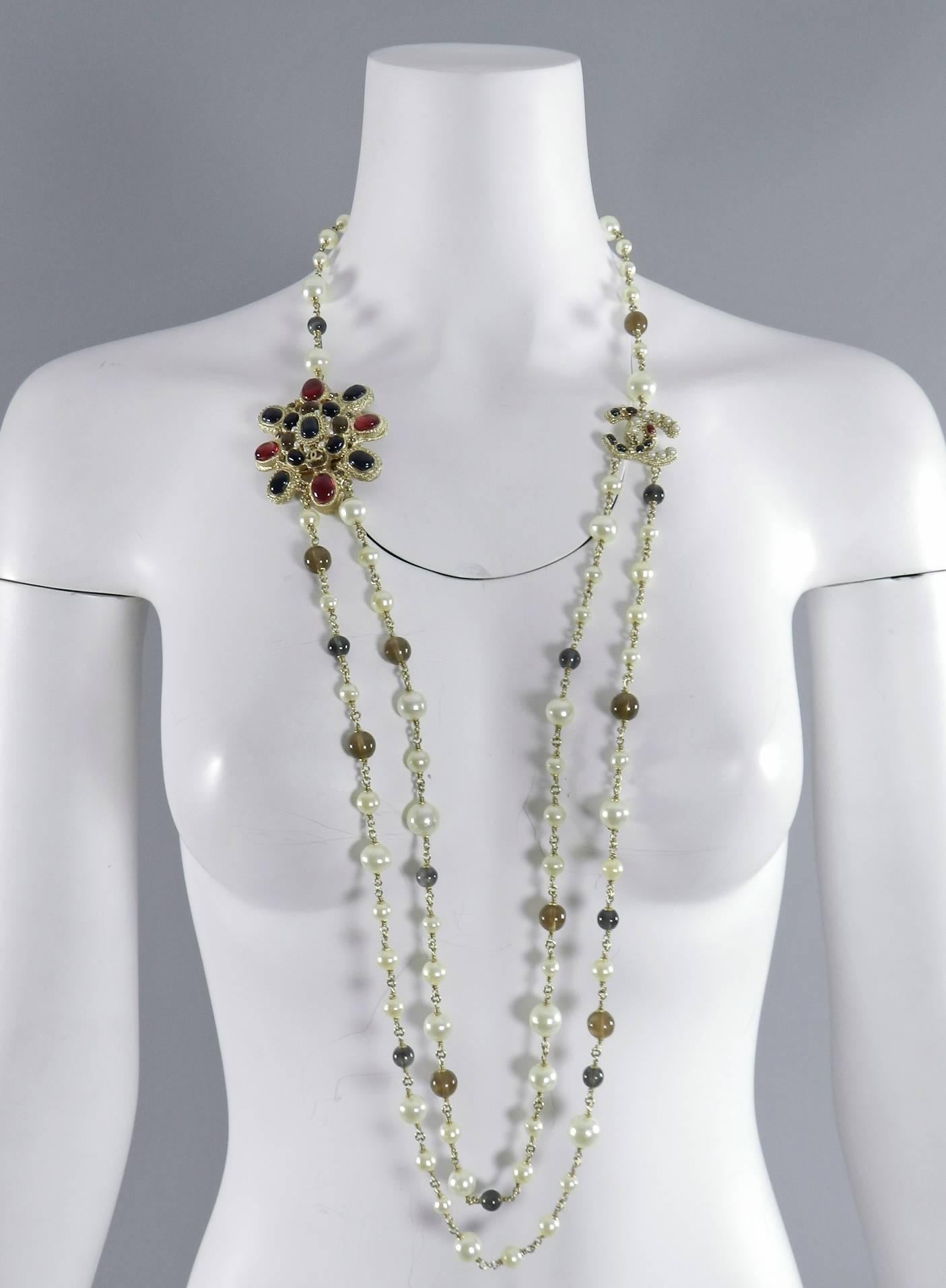Chanel 11A Byzantine Collection Red Glass and Pearl Double Necklace In Excellent Condition In Toronto, ON