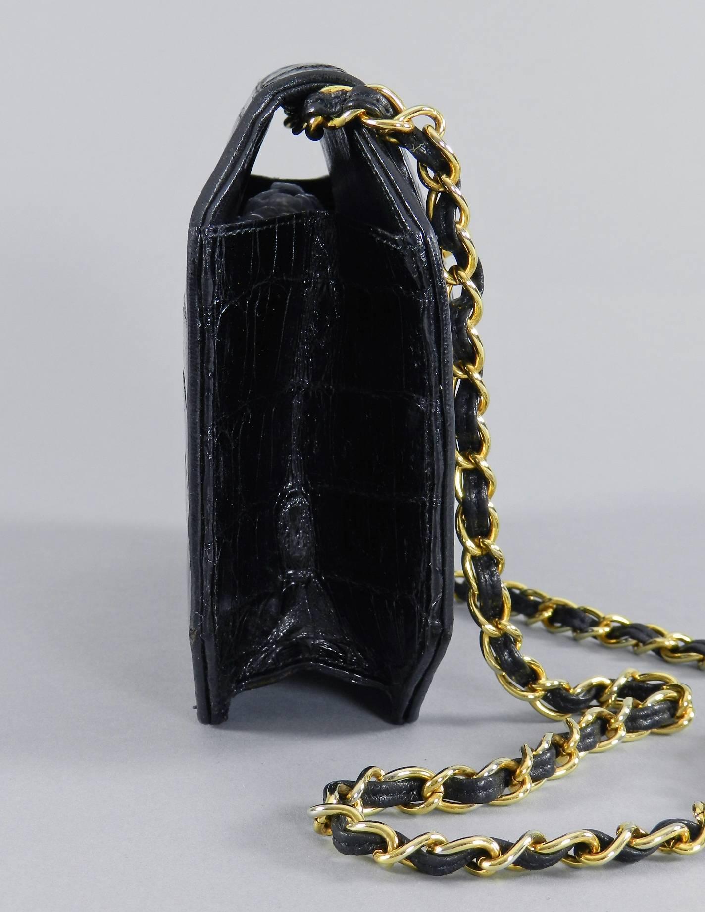 Chanel Black Crocodile Octagonal Purse with Chain Strap In Excellent Condition In Toronto, ON