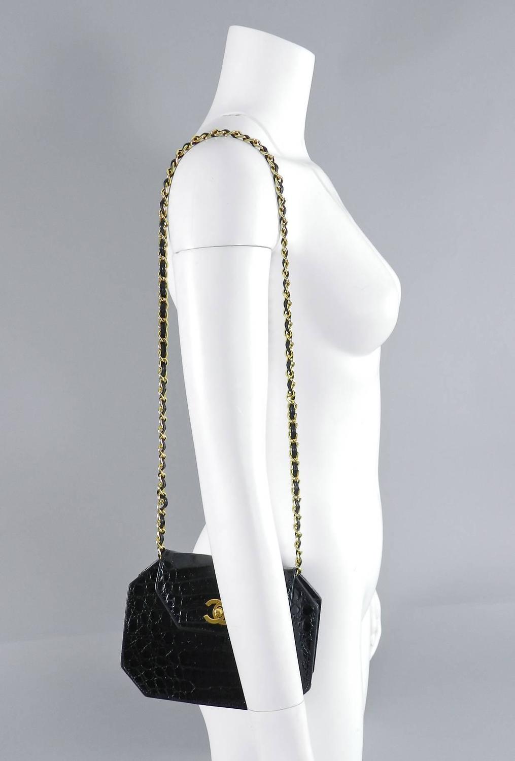 Chanel Black Crocodile Octagonal Purse with Chain Strap at 1stdibs