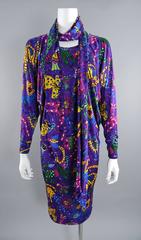Missoni vintage 1980's Silk Jersey Purple Dress with Scarf