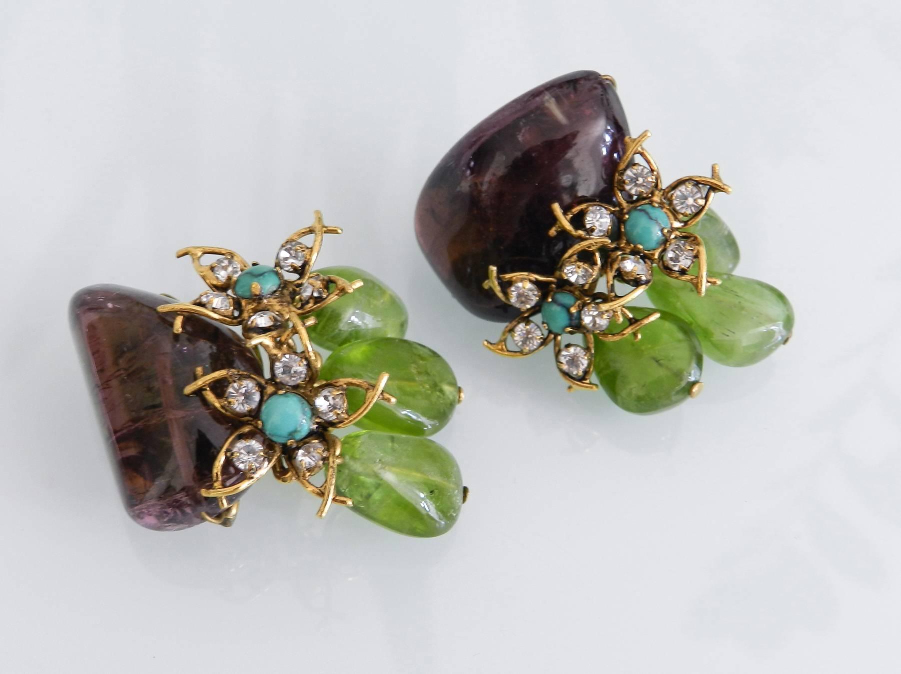 Women's Iradj Moini Amethyst and Peridot beaded Clip Earrings