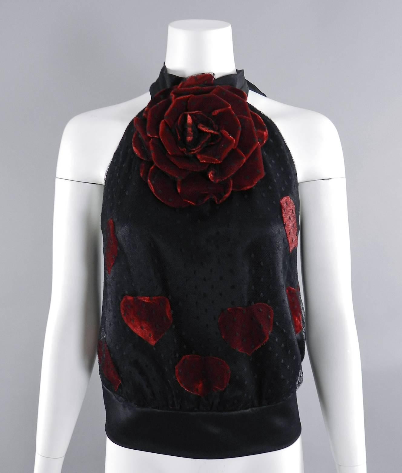 Moschino black lace halter top with red velvet rose and hearts In Excellent Condition In Toronto, ON