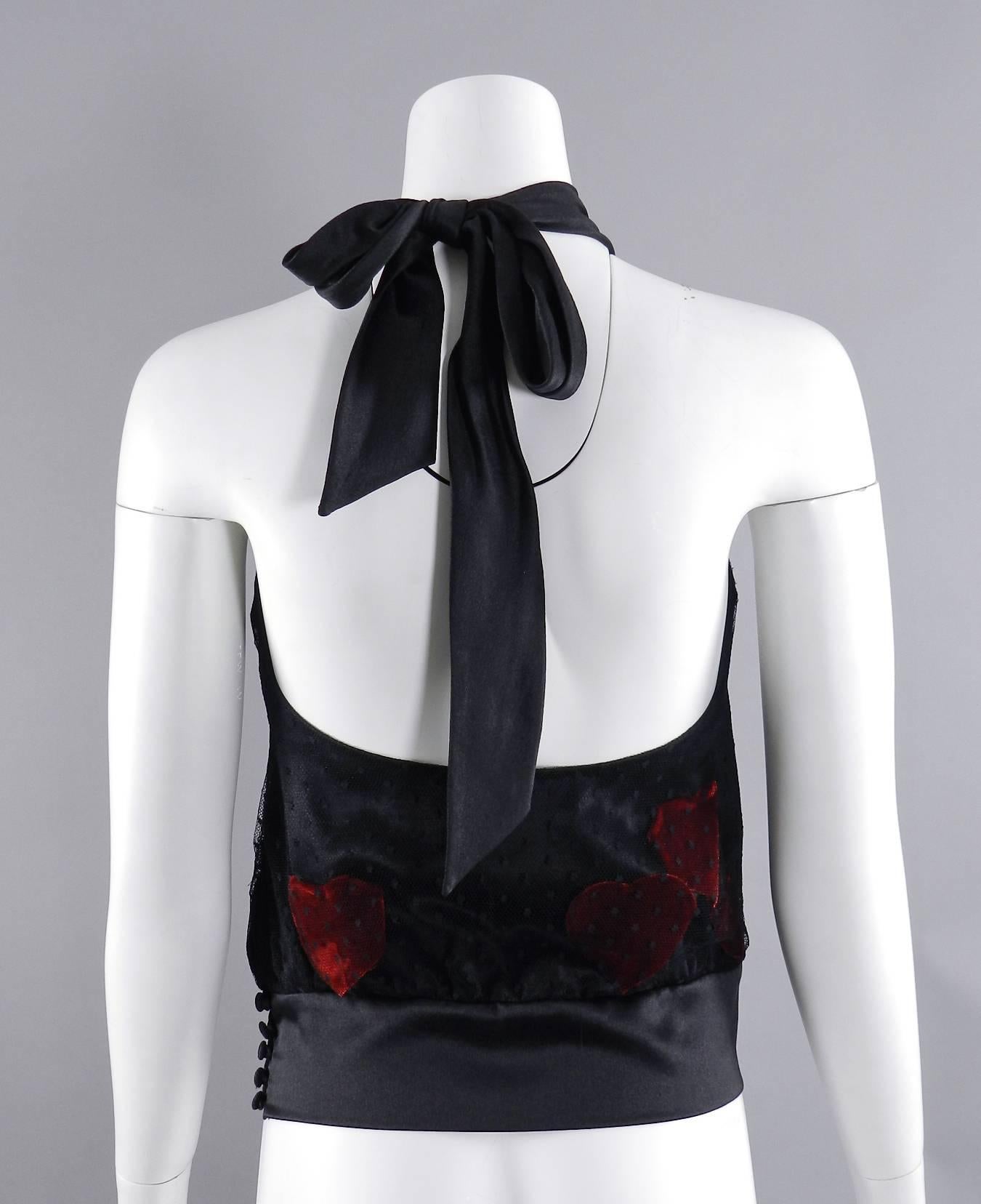 Women's Moschino black lace halter top with red velvet rose and hearts