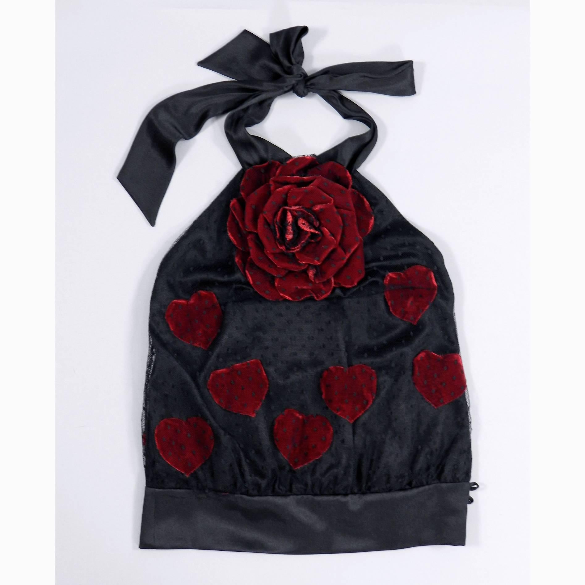 Moschino black lace halter top with red velvet rose and hearts 3