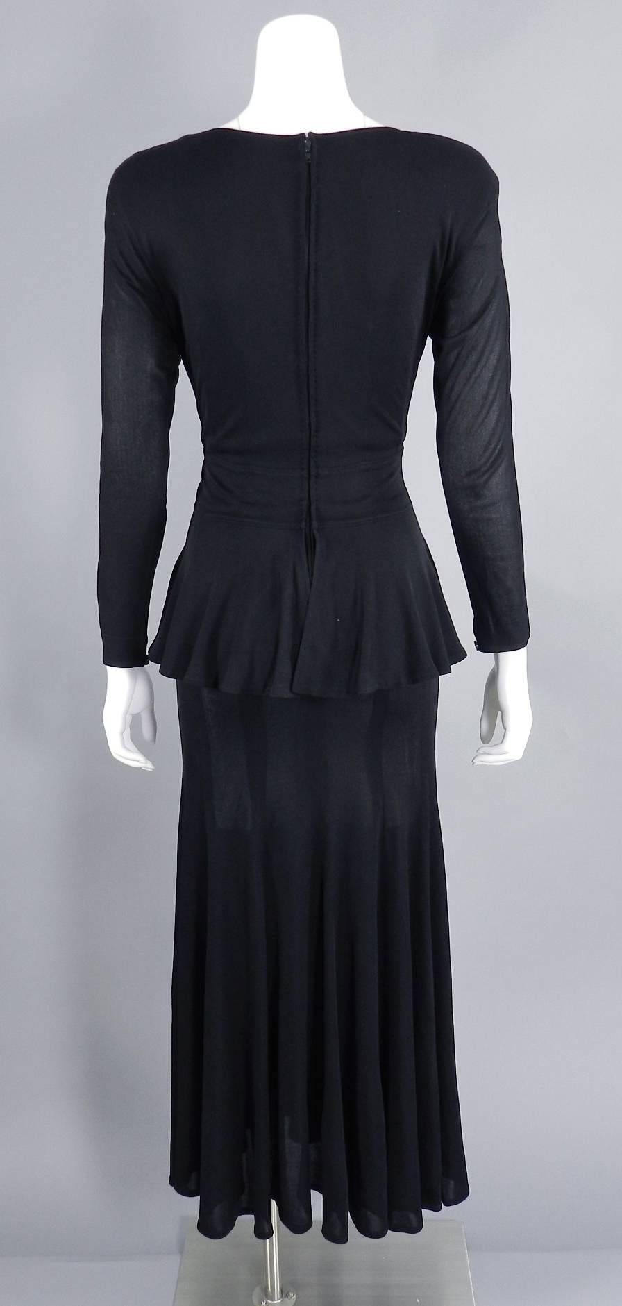 Jean Muir Vintage 1980's Black Jersey Peplum Dress In Excellent Condition In Toronto, ON