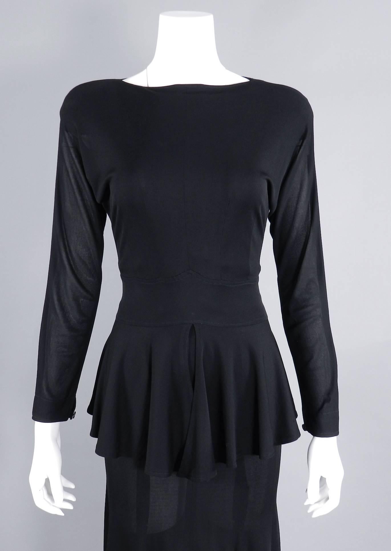 Women's Jean Muir Vintage 1980's Black Jersey Peplum Dress