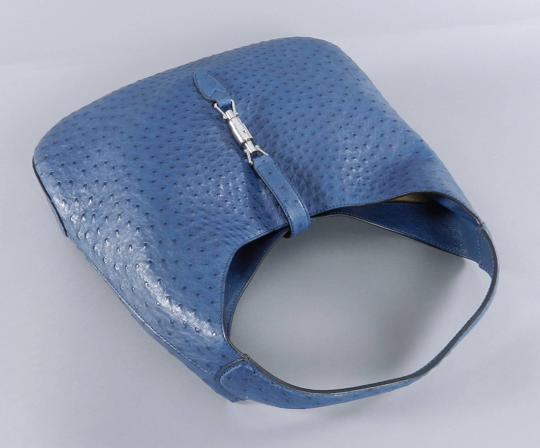 Gucci Blue Exotic Ostrich Large Jackie O Bag In Excellent Condition In Toronto, ON