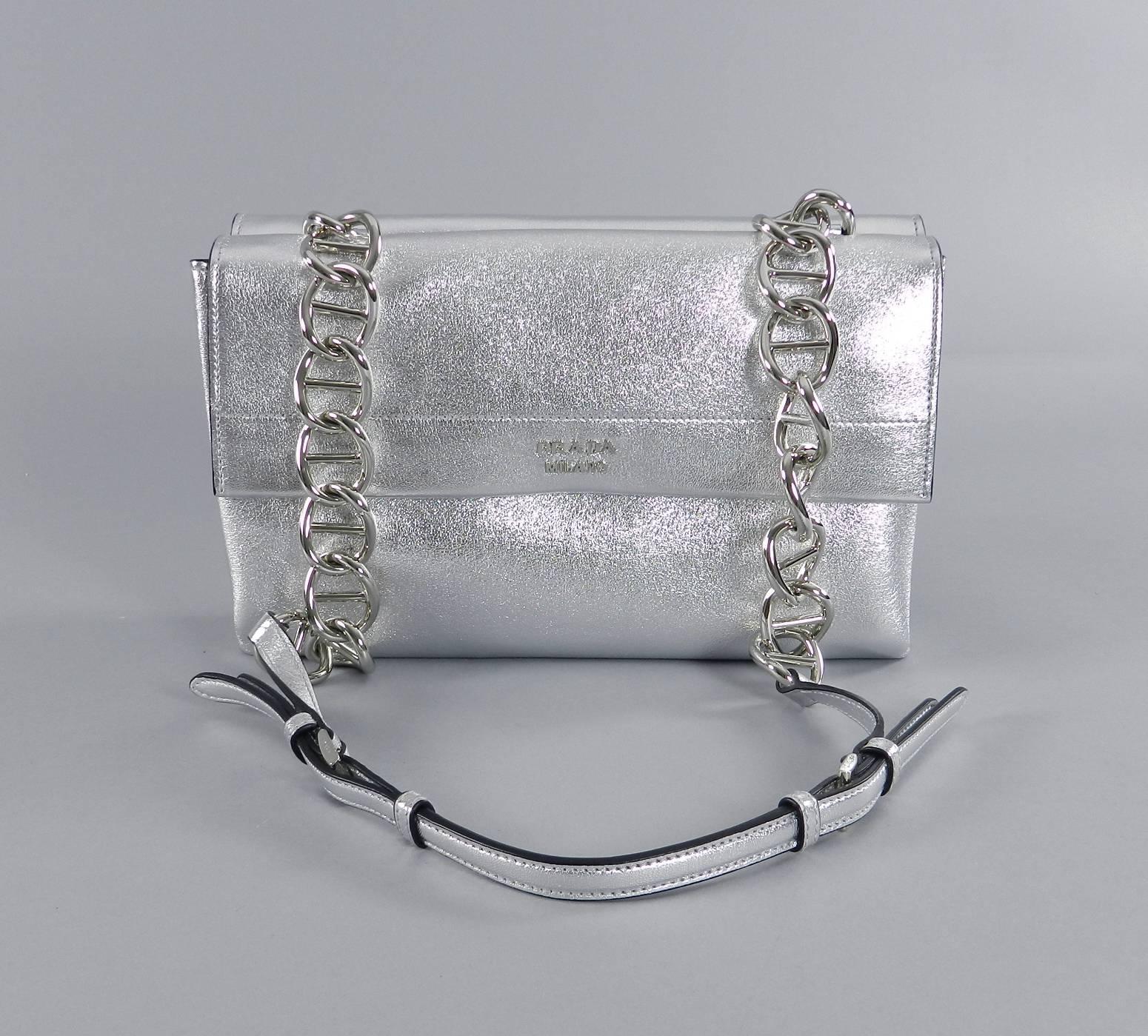Prada Fall 2014 Runway Silver Vitello Soft Double Bag Purse In Excellent Condition In Toronto, ON