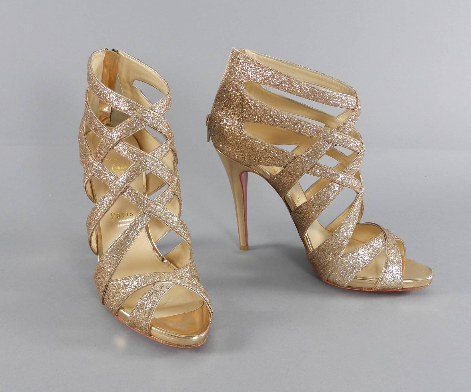 Women's Christian Louboutin Balota Gold Glitter Gladiator Sandal Heels