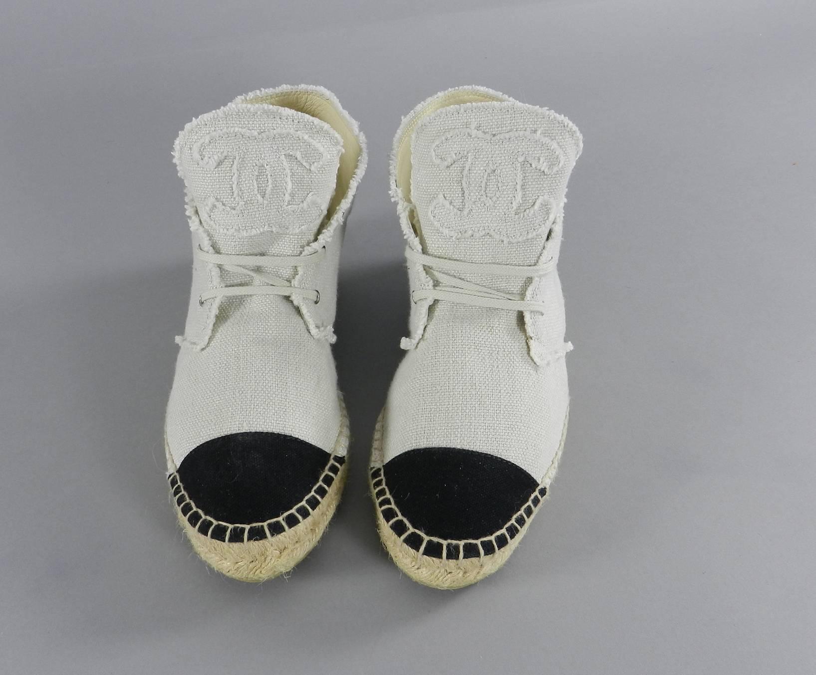 Gray Chanel 15c High Top Linen and Black Espadrilles