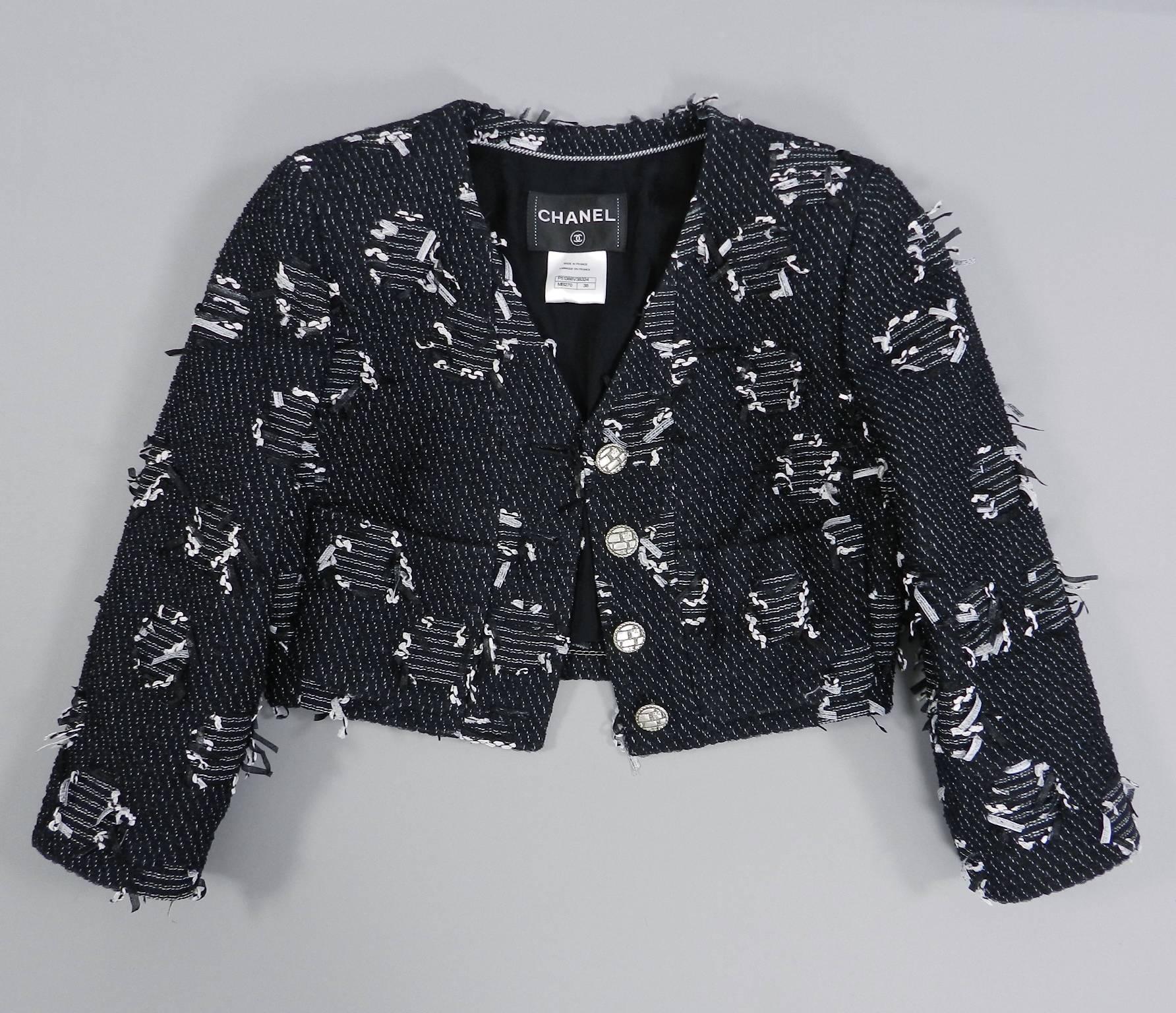 Chanel 15P Runway Black Crop Jacket with White Ribbon In Excellent Condition In Toronto, ON