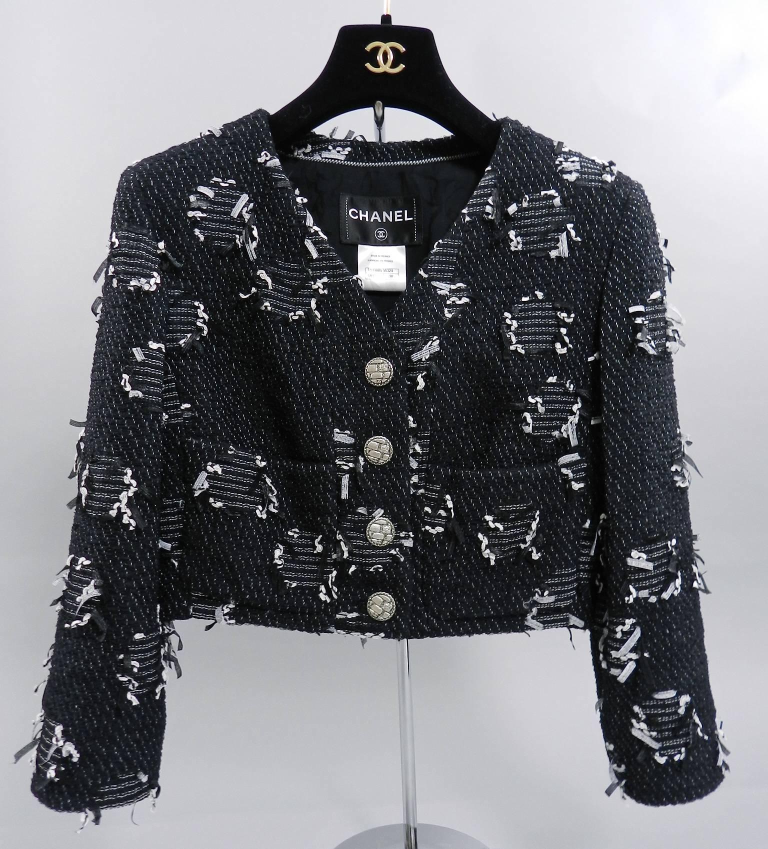 Chanel 15P Runway Black Crop Jacket with White Ribbon 1