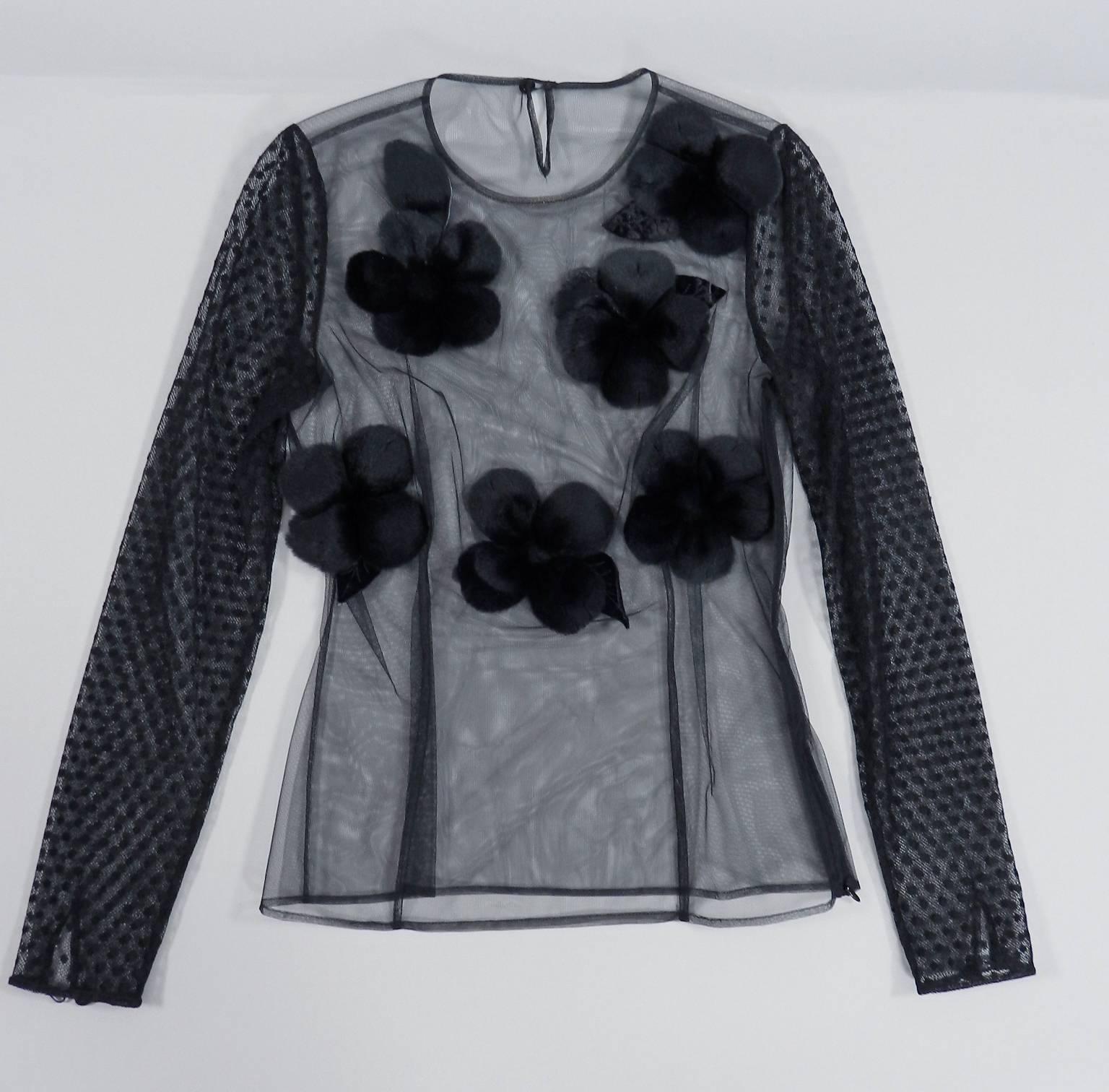 Viktor and Rolf Black Sheer Mesh and Rabbit Fur Flower Runway Top In Excellent Condition In Toronto, ON