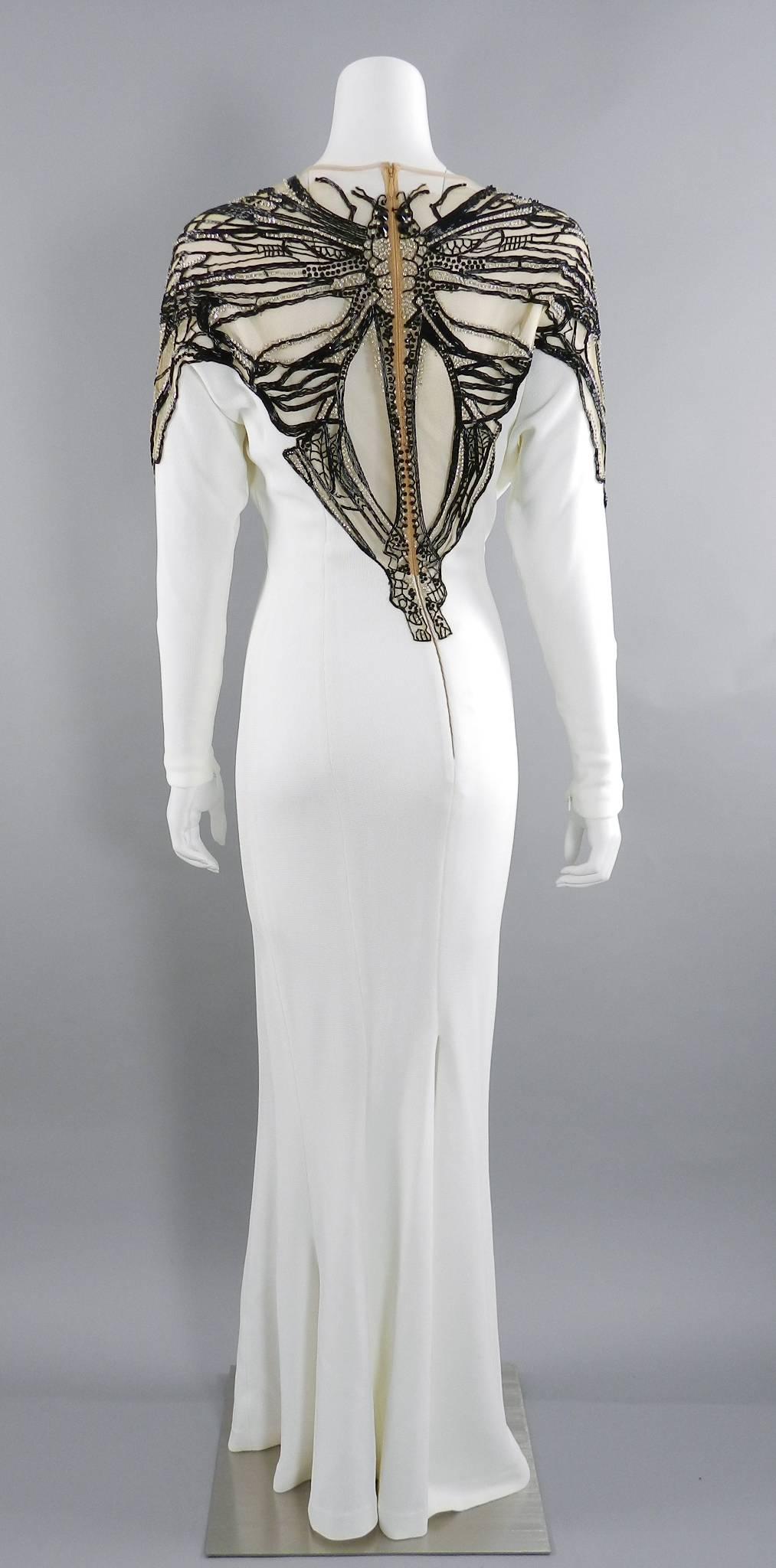 Gray Zuhair Murad White and Black Beaded Butterfly Gown Dress