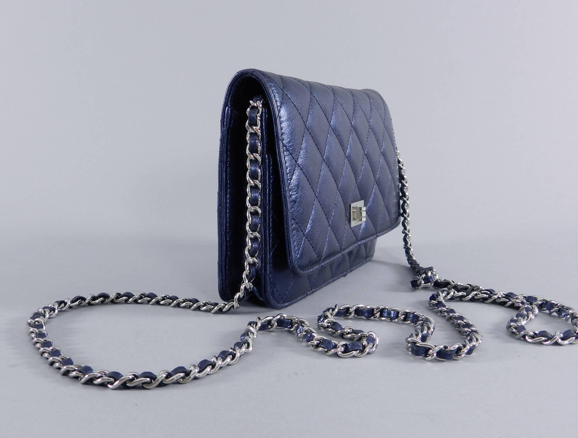 Women's Chanel Quilted Wallet on a Chain WOC metallic Navy Silver Hardware