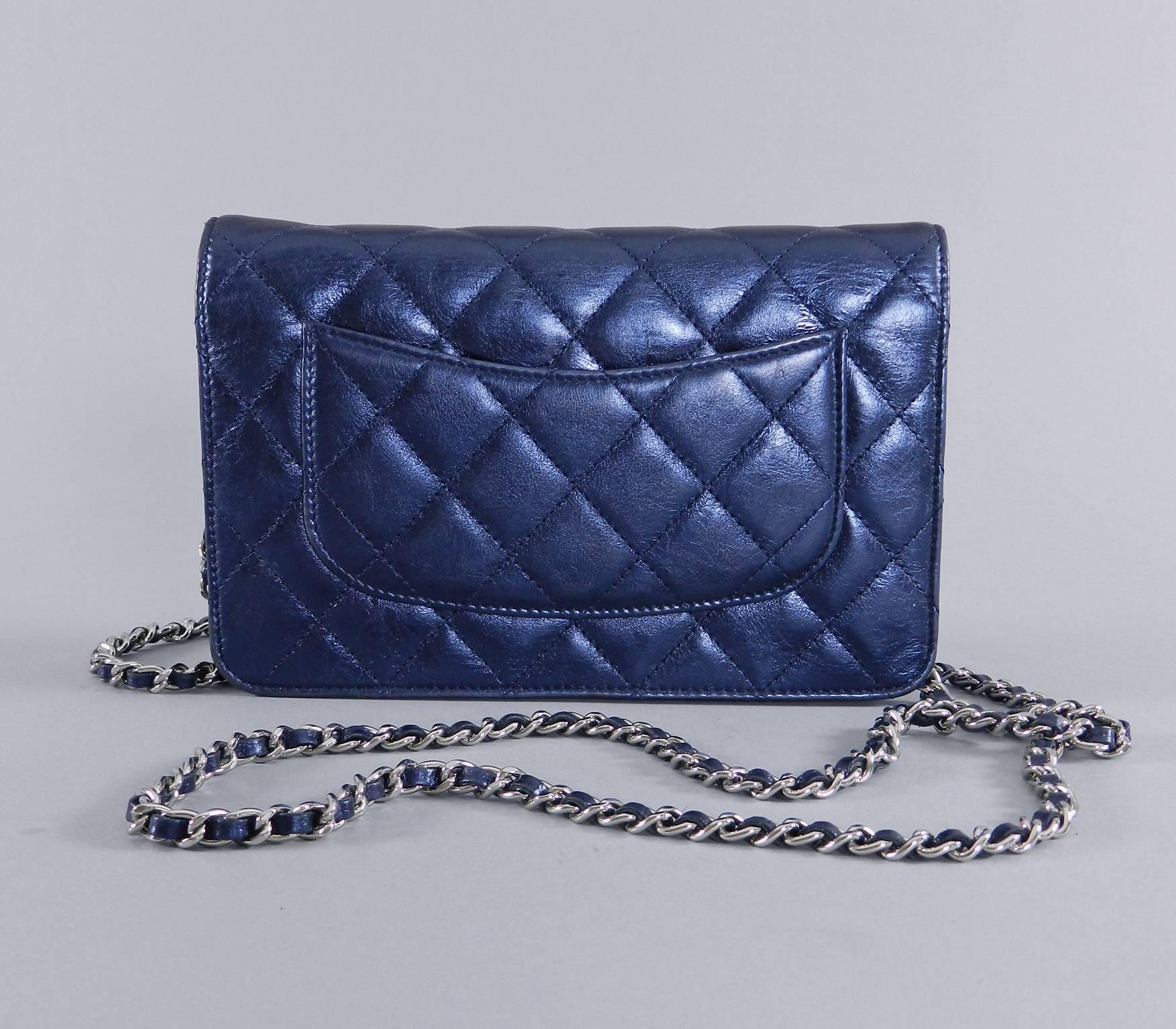 Chanel Quilted Wallet on a Chain WOC metallic Navy Silver Hardware 1