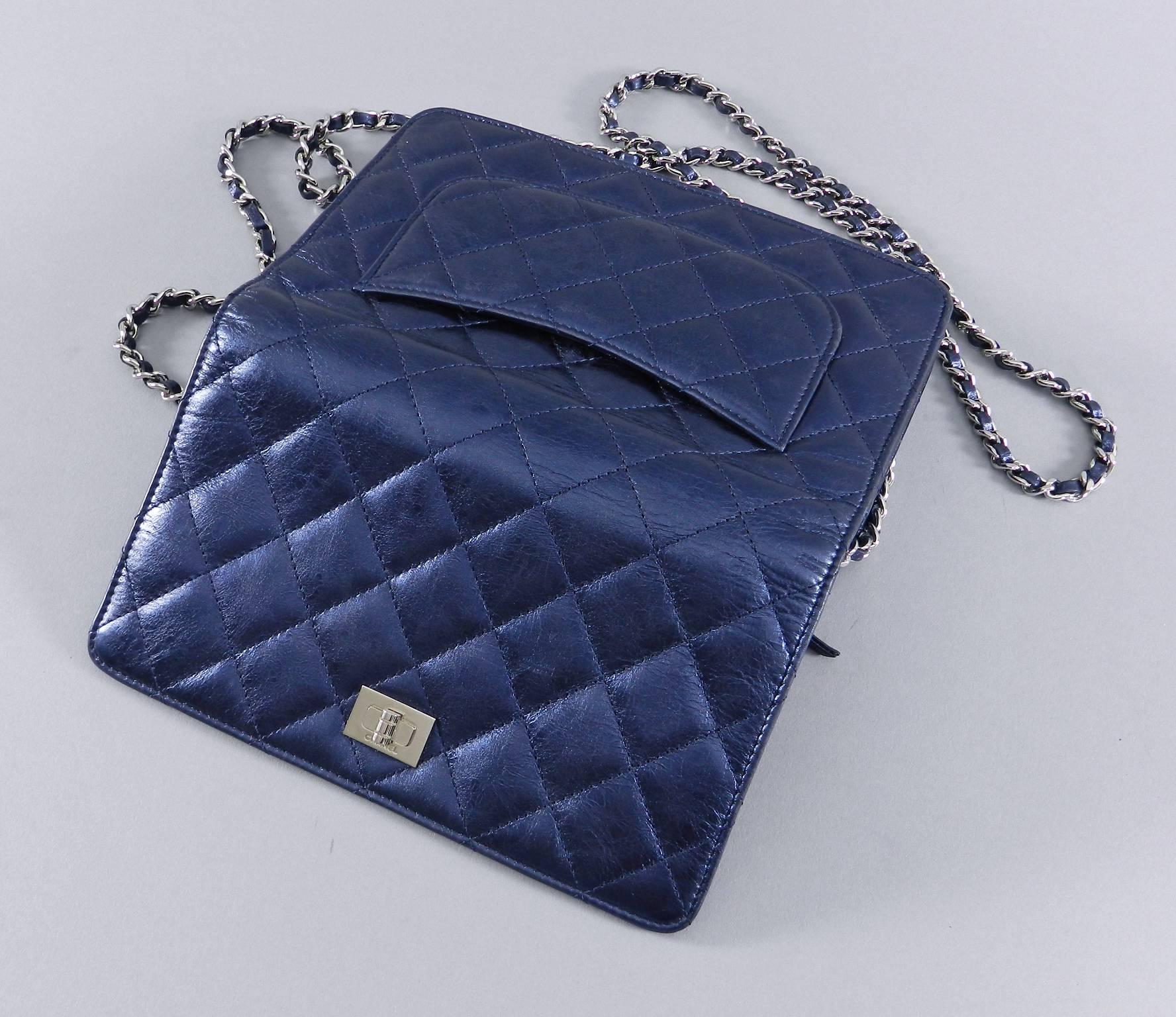 Chanel Quilted Wallet on a Chain WOC metallic Navy Silver Hardware 2