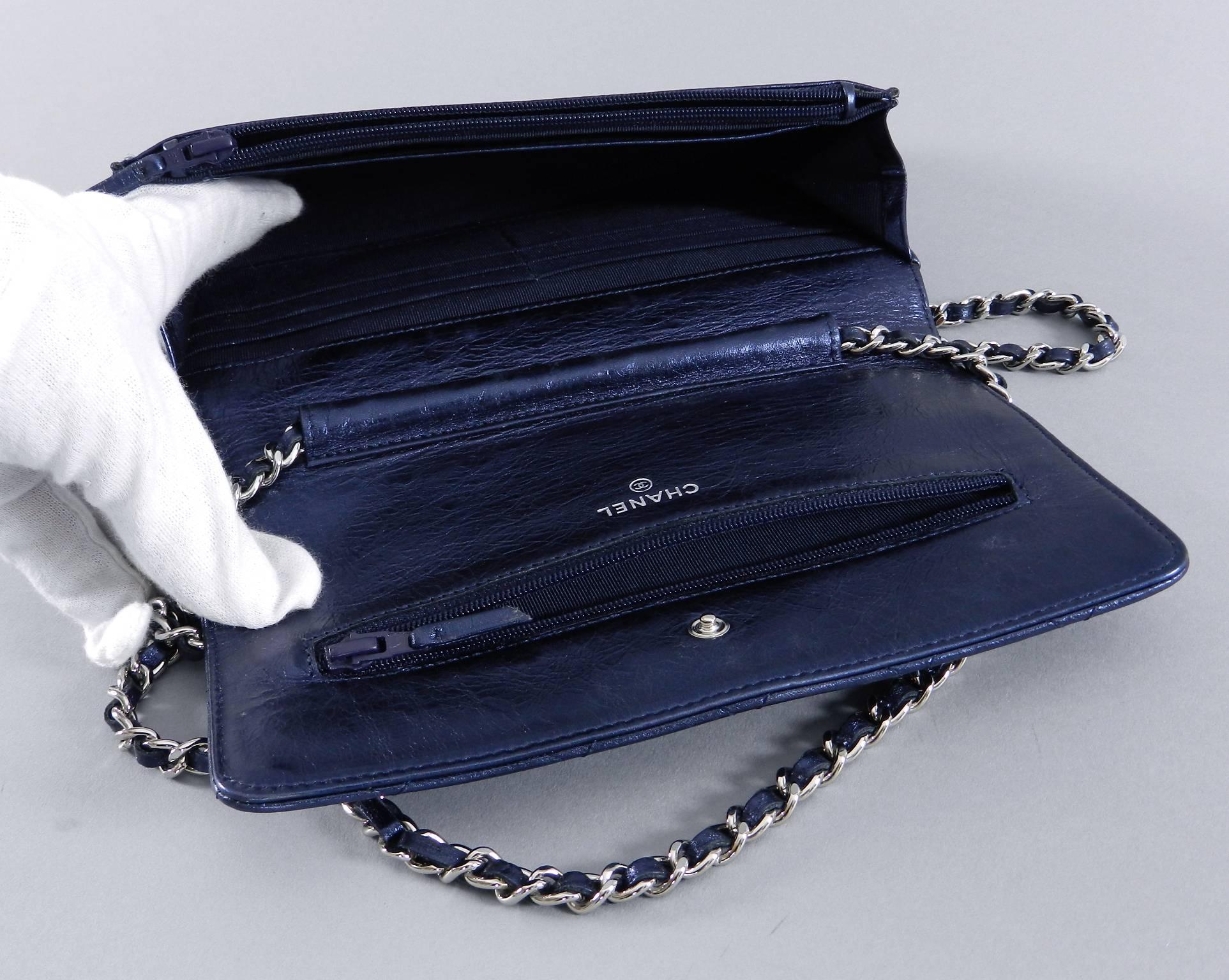 Chanel Quilted Wallet on a Chain WOC metallic Navy Silver Hardware 3