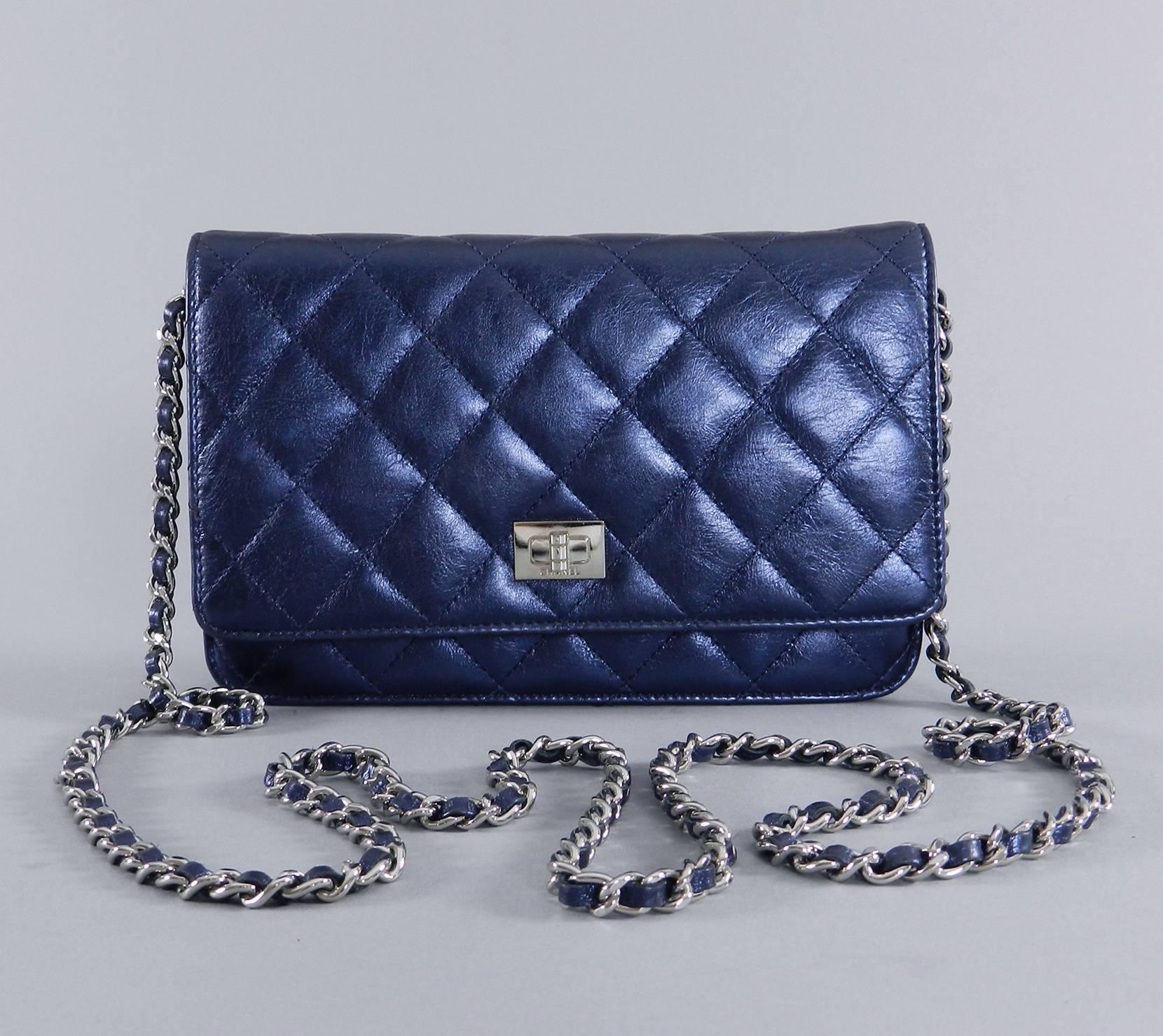 Chanel Quilted Wallet on a Chain WOC metallic Navy Silver Hardware 6
