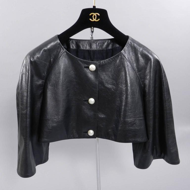 Chanel 13P Black Leather Crop Jacket with Pearl Buttons at 1stDibs