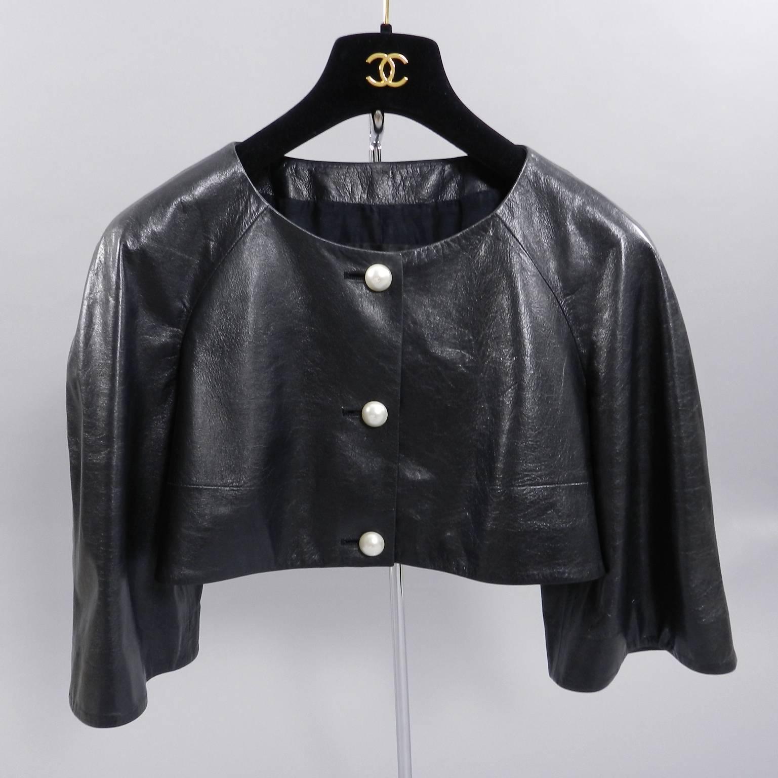 Chanel 13P Black Leather Crop Jacket with Pearl Buttons In Excellent Condition In Toronto, ON