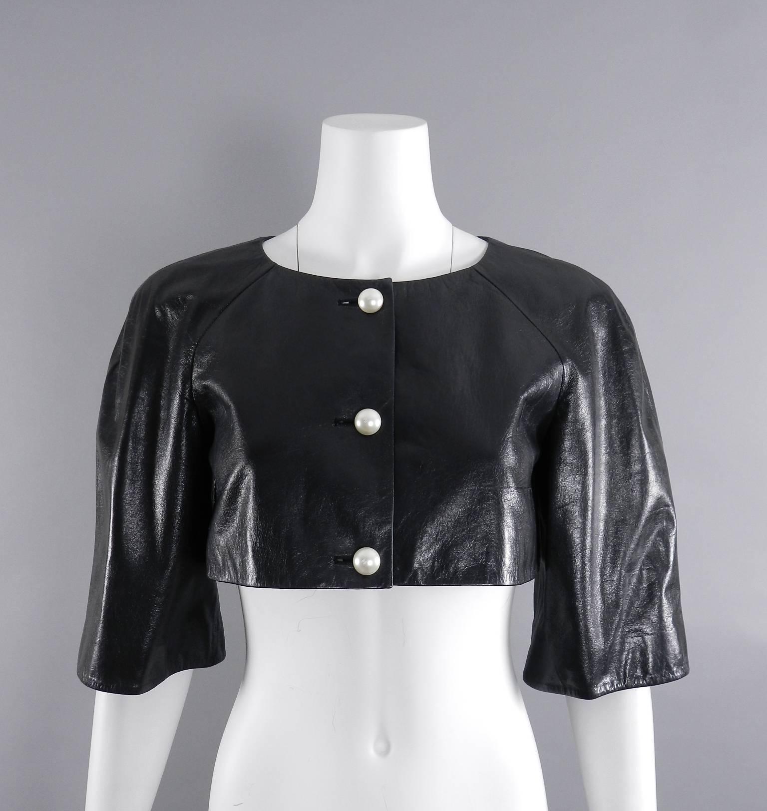 Chanel 13P Black Leather Crop Jacket with Pearl Buttons 5