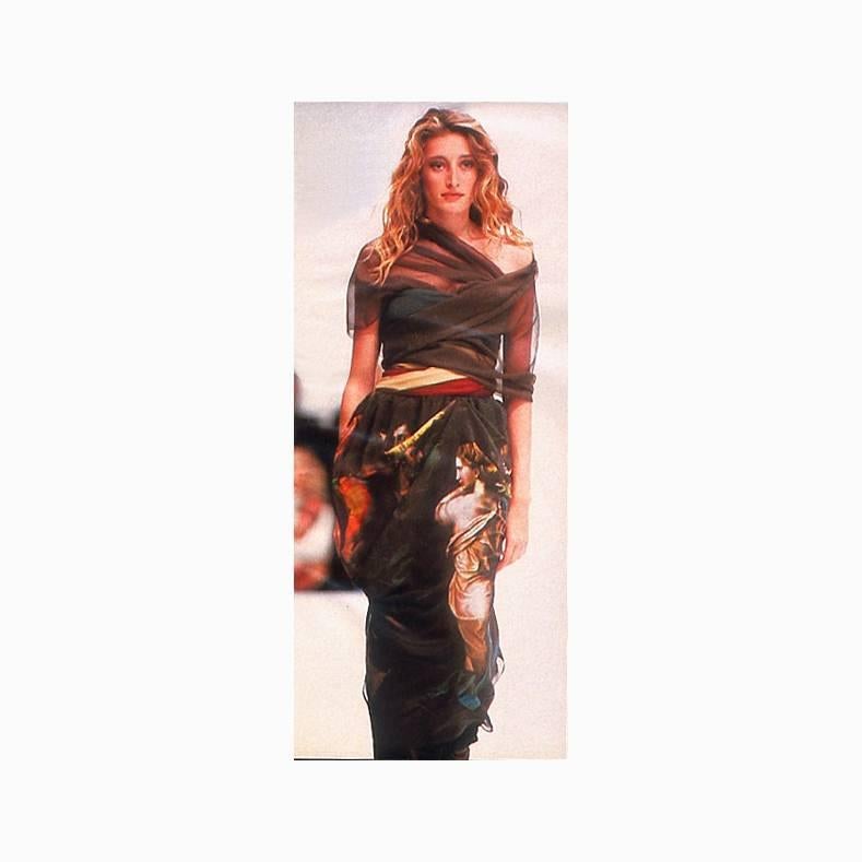 Dolce & Gabbana 1990 Runway Sheer Raphael Renaissance Painting Dress.  Photo print image is Raphael's The Transfiguration. Strapless design with 3 sheer sashes at each side. Can be worn a variety of ways including as shown on runway. Can also be