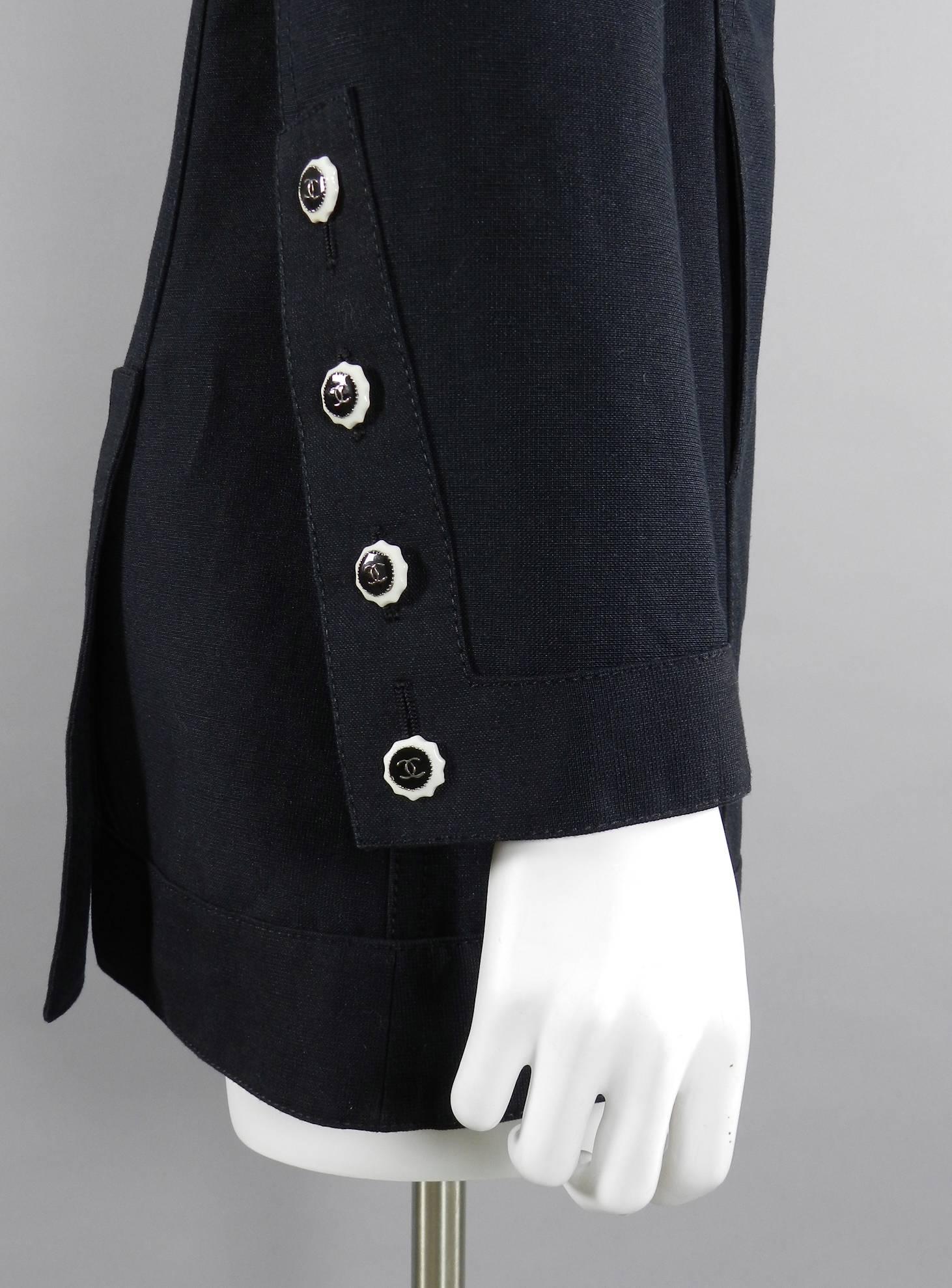 CHANEL 14C Runway Black Cotton Linen Jacket with White Buttons 1