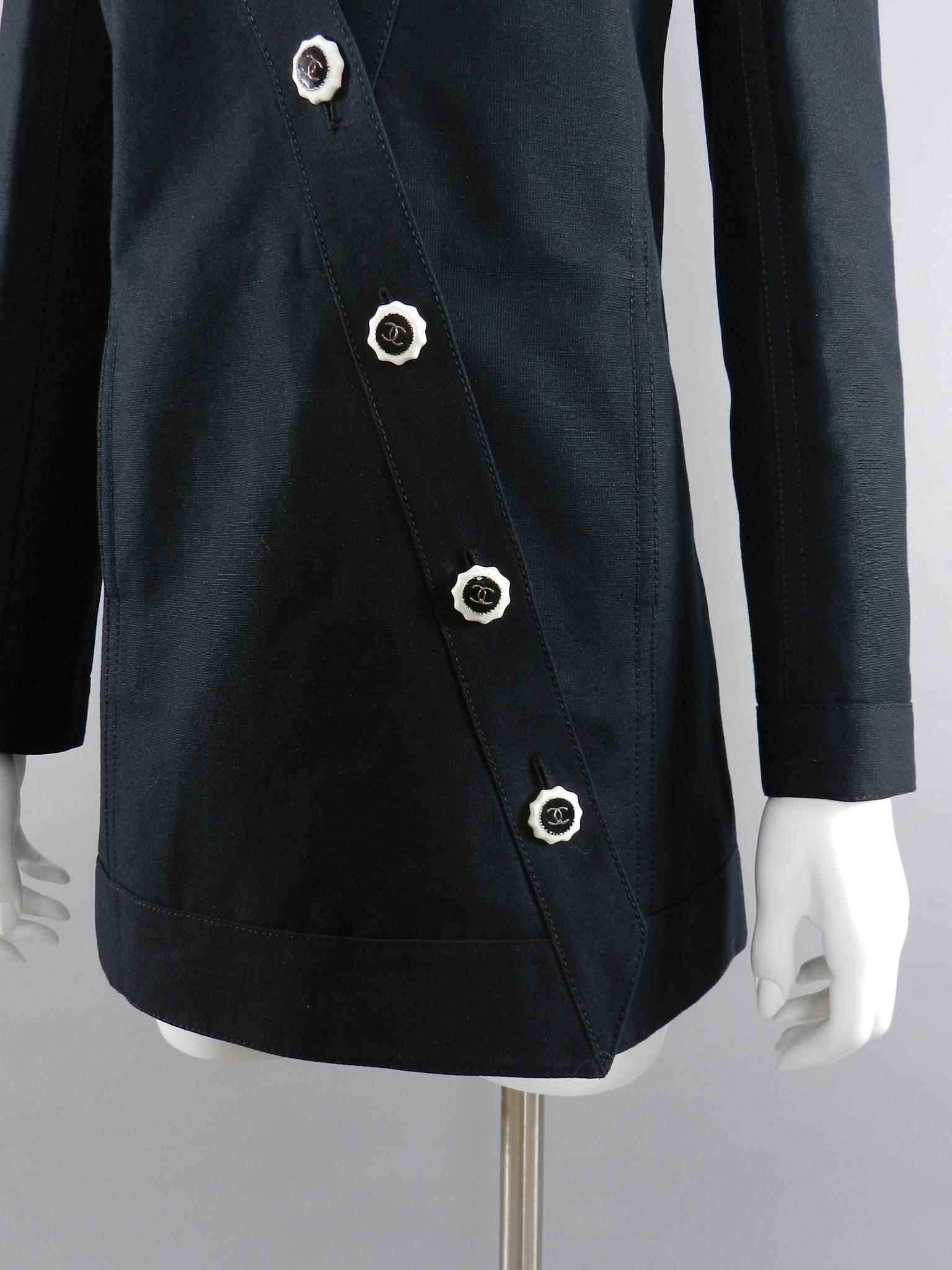 CHANEL 14C Runway Black Cotton Linen Jacket with White Buttons 2