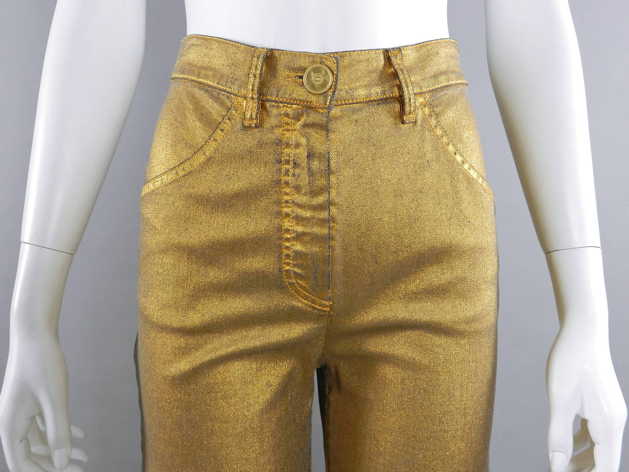 CHANEL 15C Dubai Runway Collection Gold Metallic Coated Denim Jeans In Excellent Condition In Toronto, ON
