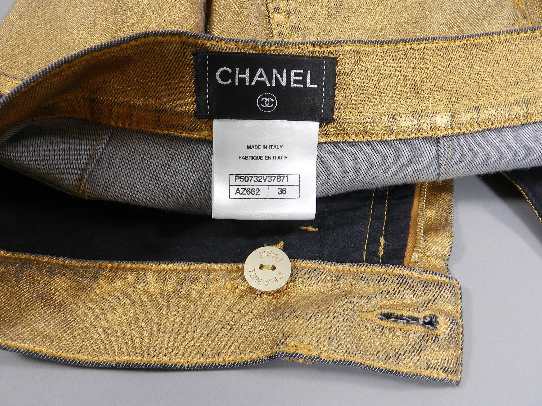 CHANEL 15C Dubai Runway Collection Gold Metallic Coated Denim Jeans 1