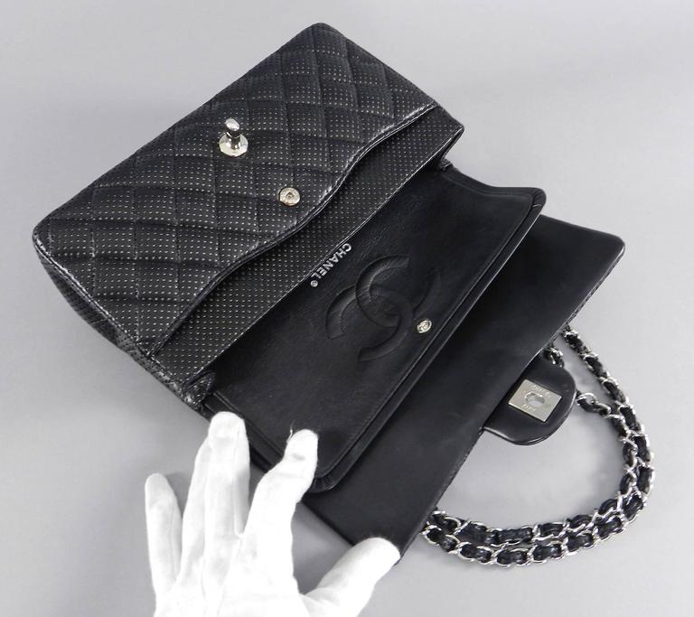 Chanel Black Perforated Classic Flap Bag Purse Medium Silver Chanel Black Perforated Classic Flap Bag Purse Medium Silver Hardware In Excellent Condition For
