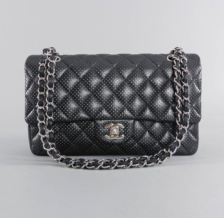 CHANEL Black Perforated Classic Flap Bag Purse Medium Silver Hardware at 1stdibs