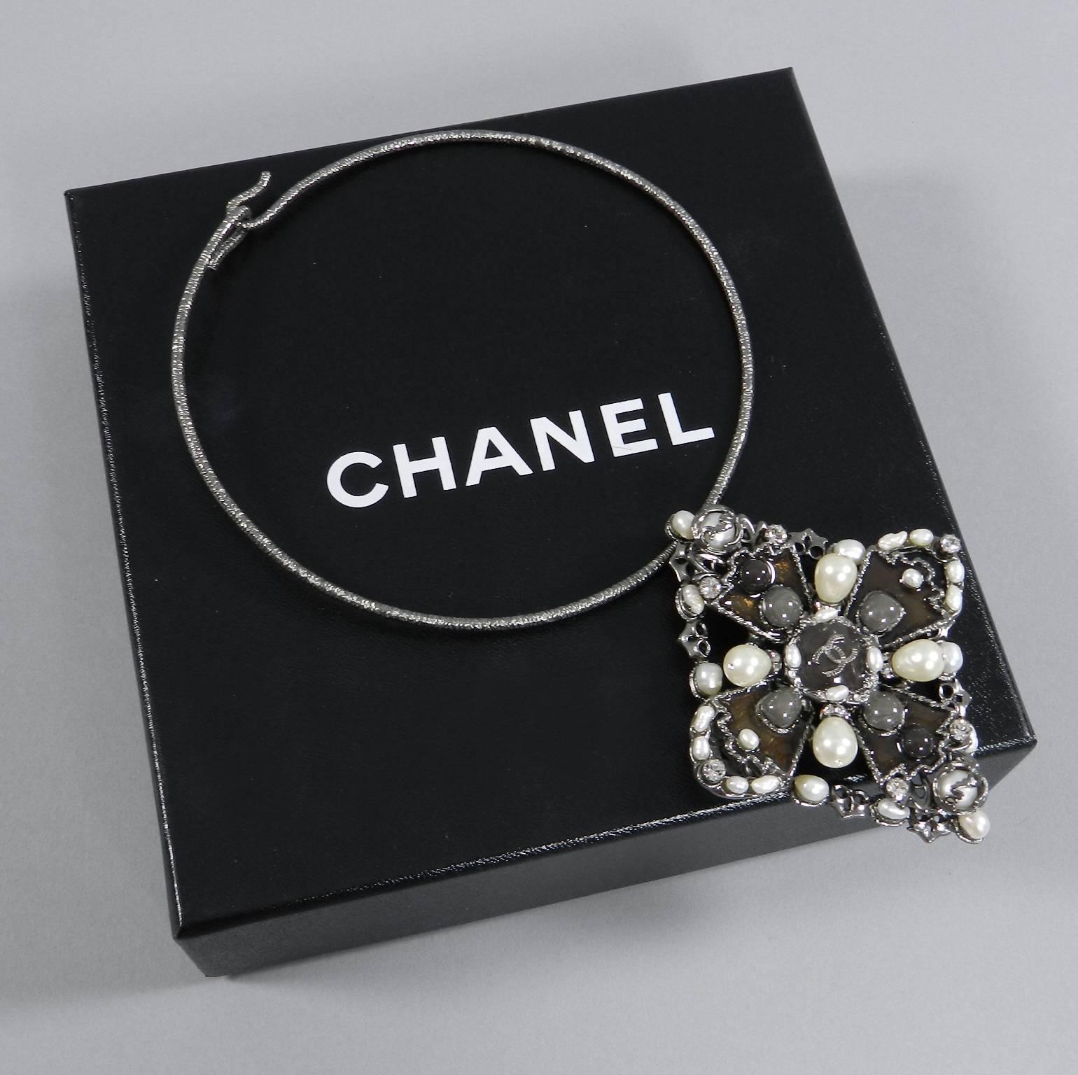 Chanel 10A 2010 pre-fall Shanghai collection runway choker necklace. Faux pearl and real baroque pearl (small pearls are real) cross design pendant with dark brown and grey enamel. Dark silver tone metal (Chanel calls this ruthenium).  Excellent