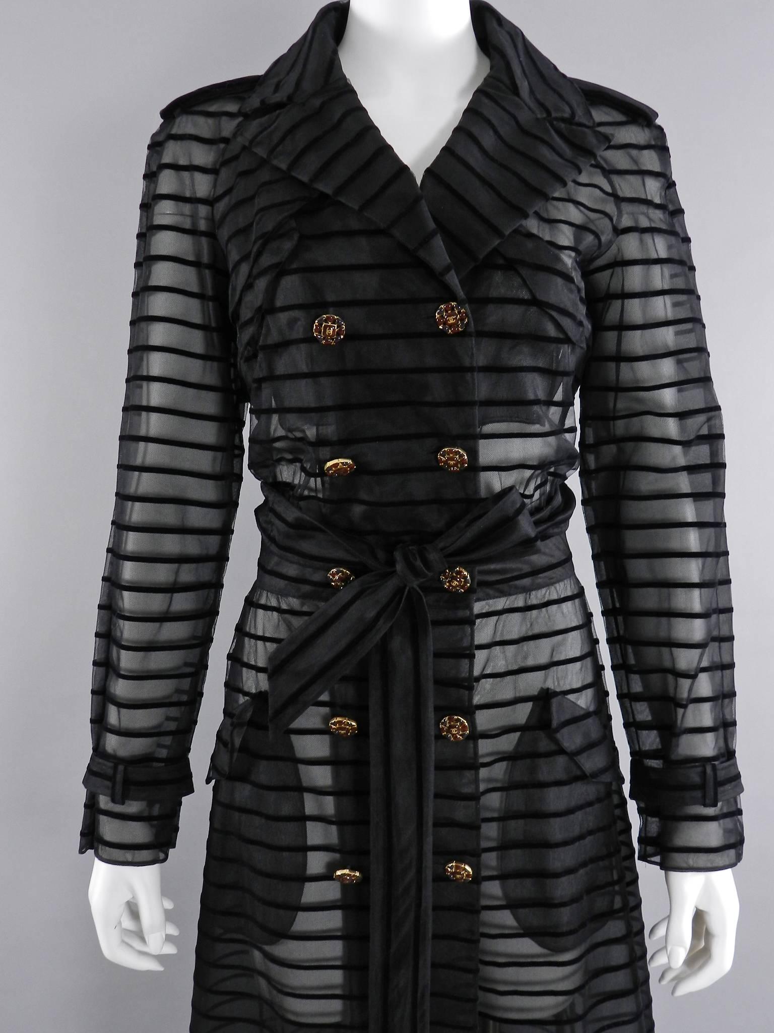 Women's Chanel 10C Long Sheer Black Striped duster Jacket with Gripoix Buttons