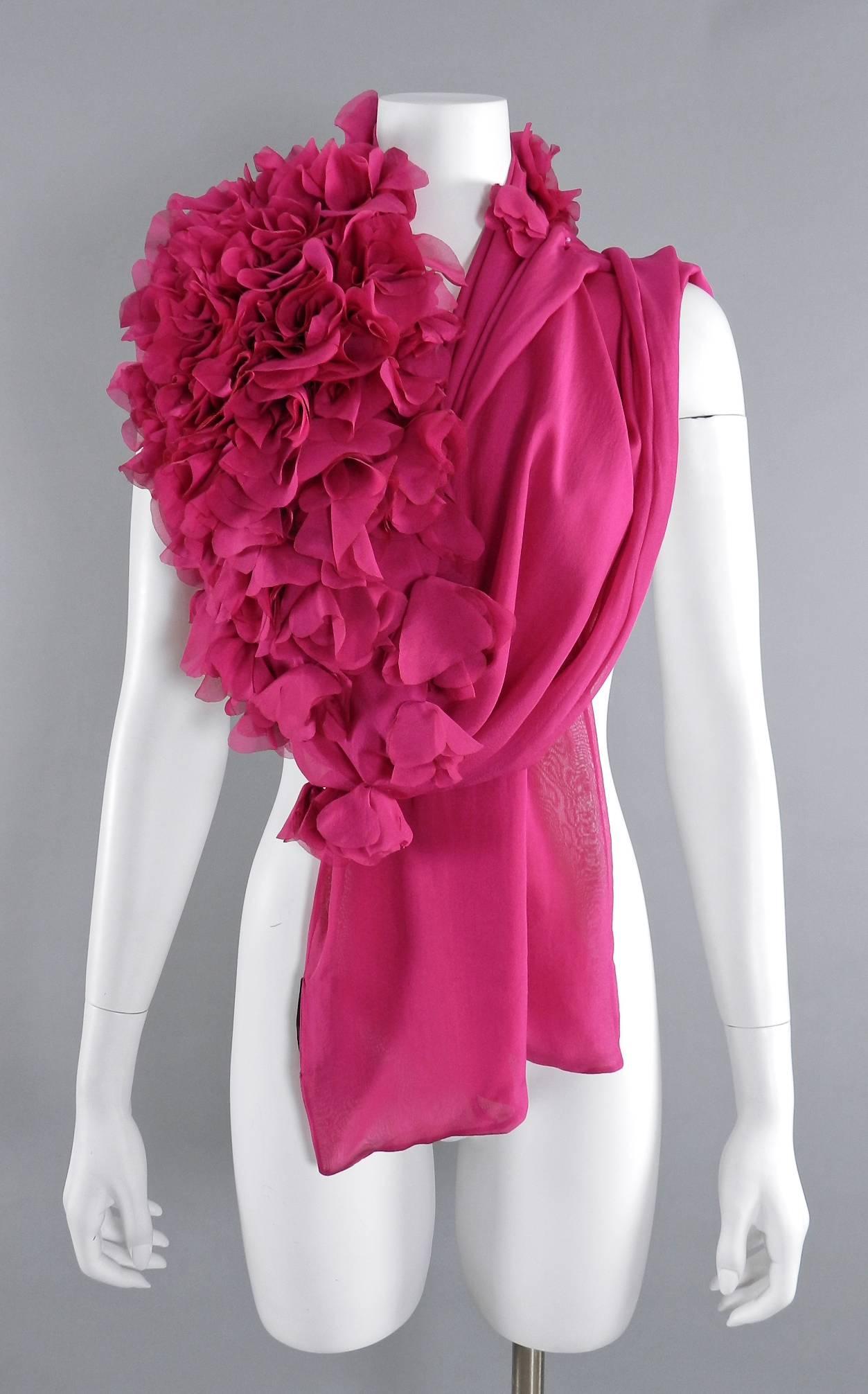 Gucci fuchsia silk chiffon long scarf shawl with rosettes. Excellent pre-owned condition - worn once. Gold-tone GG logo in corner. 100% sheer silk chiffon. Measures 14 x 78