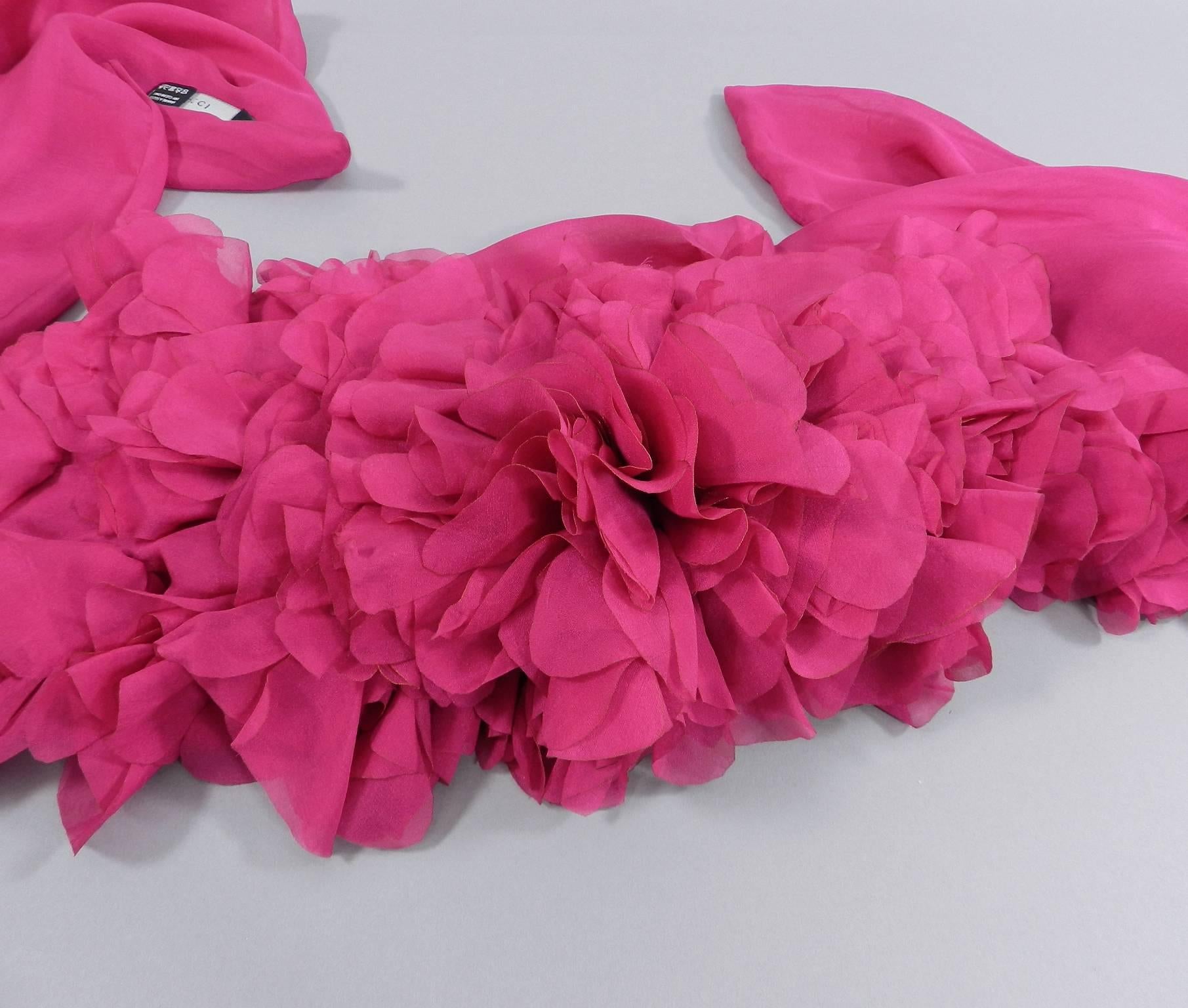 Red Gucci Fuchsia Silk Chiffon Long Scarf Shawl with Rosettes