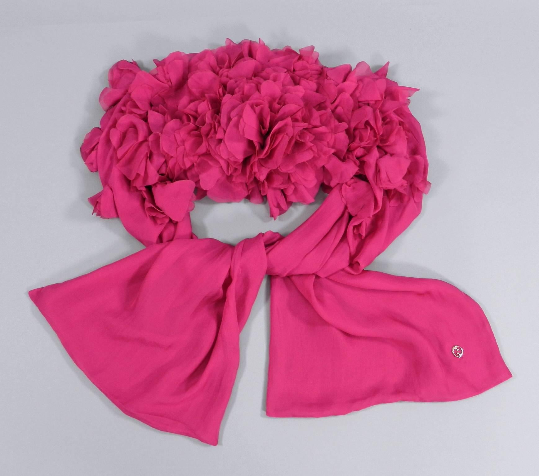 Women's Gucci Fuchsia Silk Chiffon Long Scarf Shawl with Rosettes